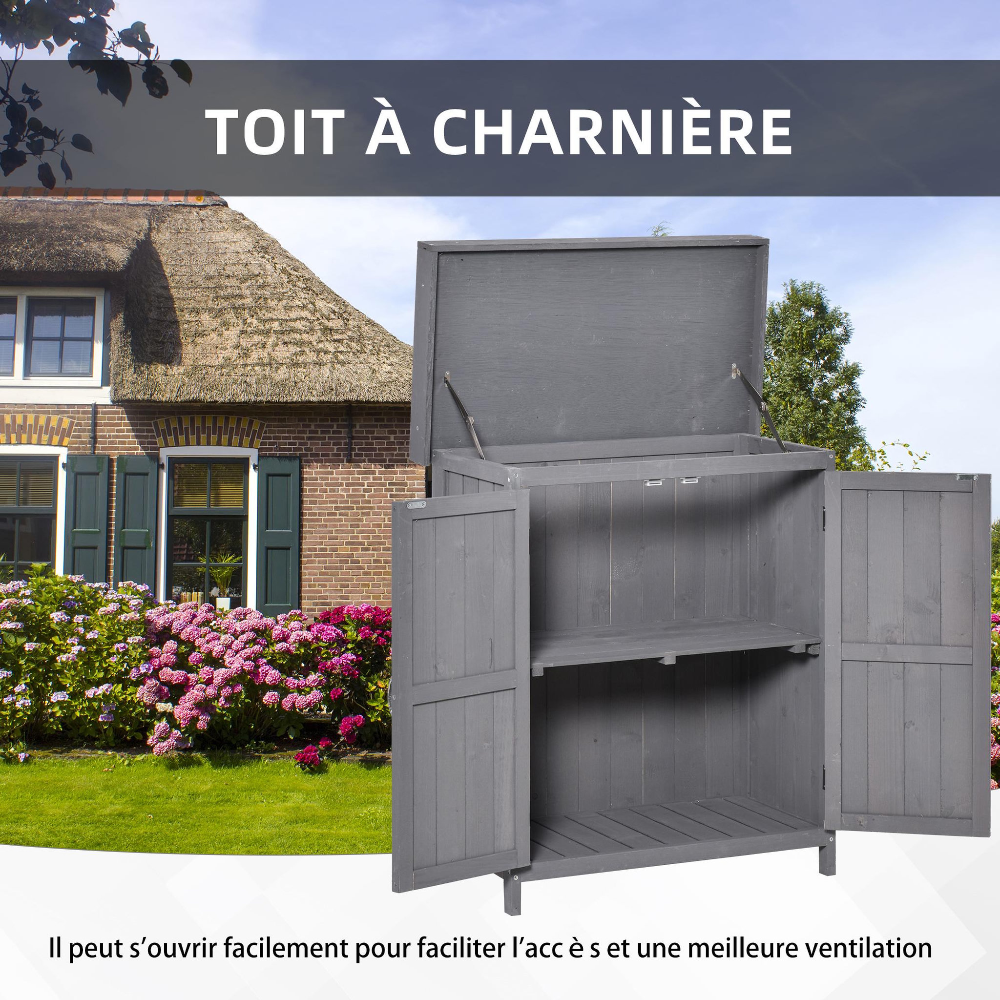 Voir la diapositive 5 : OUTSUNNY Armoire de jardin sur pied double porte étagère et toit bitumé relevable dim. 74L x 43l x 88H cm bois sapin gris