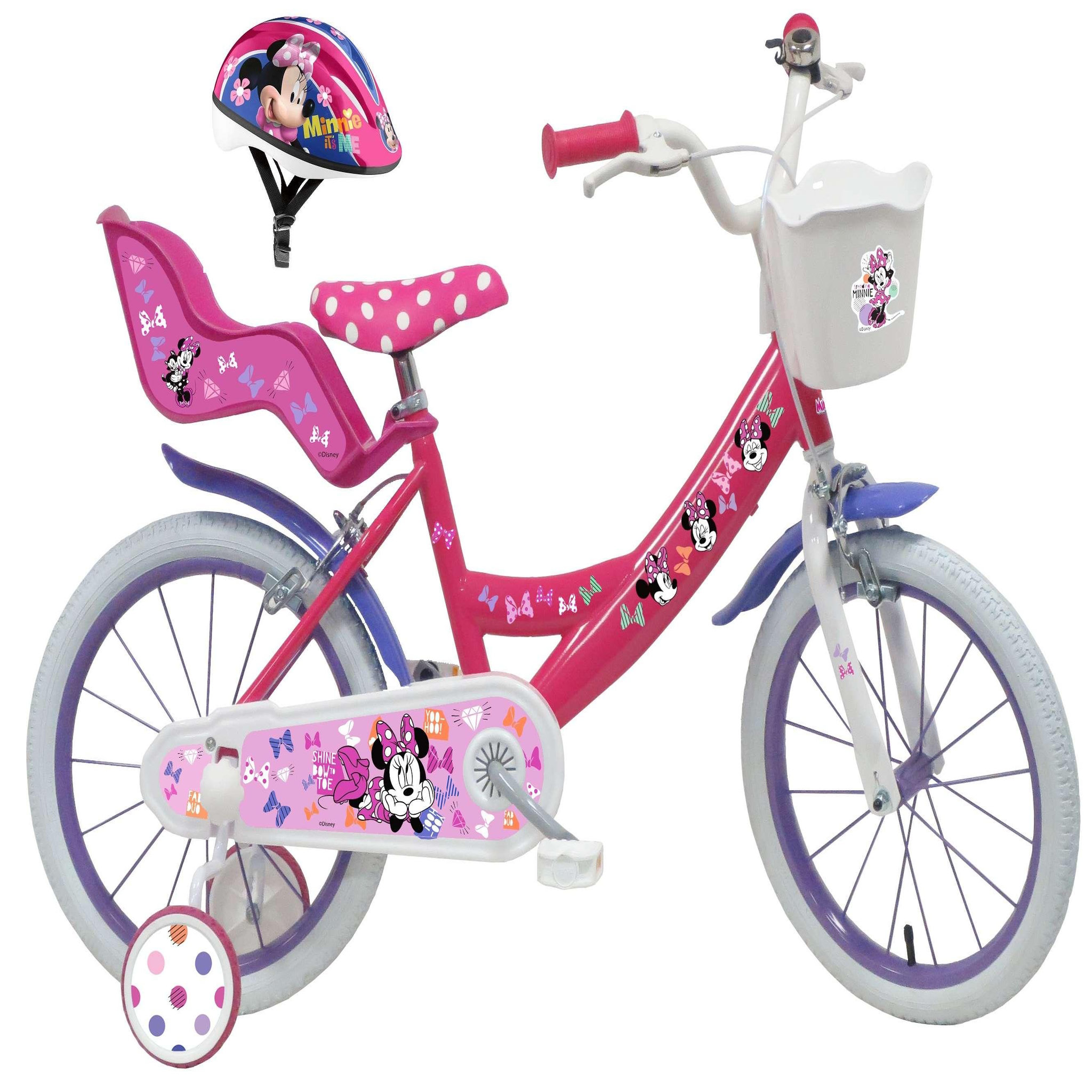 Disney Minnie Vélo enfant - Modèle 16'' Minnie de Disney + Casque pour enfant de 105/120 cm avec stabilisateurs - Panier avant - Porte poupée arrière - 2 freins et pneus gonflables