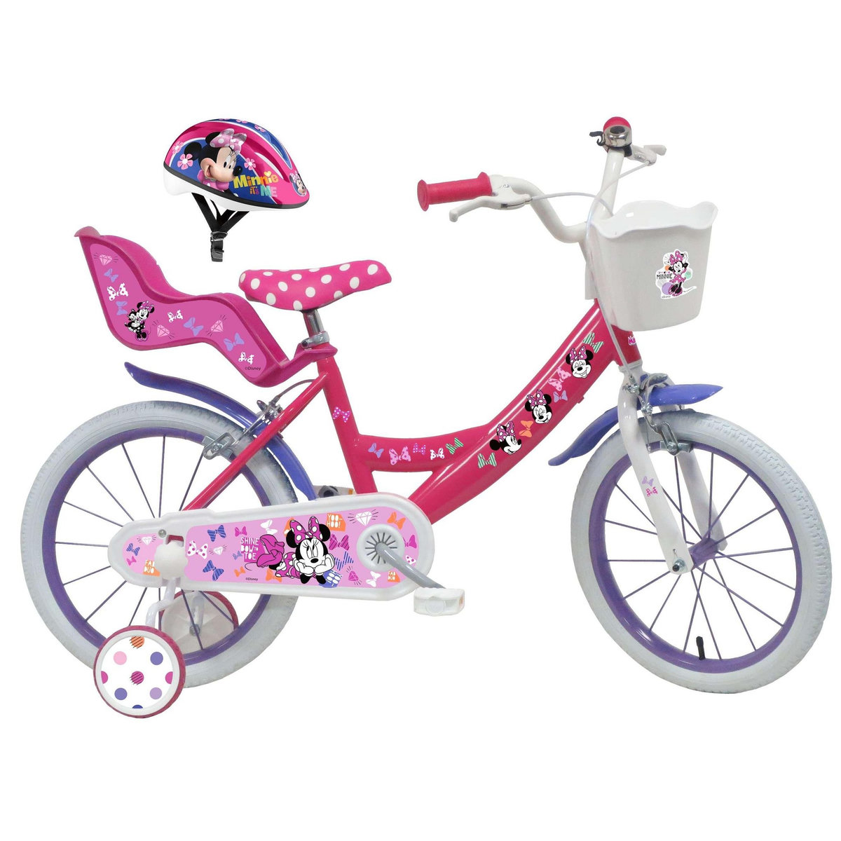 Disney Minnie Vélo enfant - Modèle 16'' Minnie de Disney + Casque pour enfant de 105/120 cm avec stabilisateurs - Panier avant - Porte poupée arrière - 2 freins et pneus gonflables