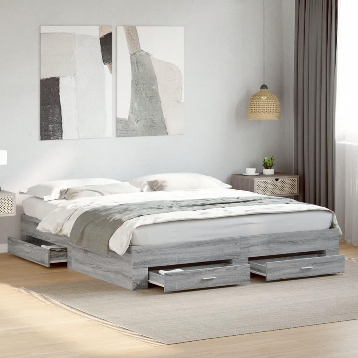 VIDAXL Cadre de lit avec tiroirs sans matelas sonoma gris 200x200 cm