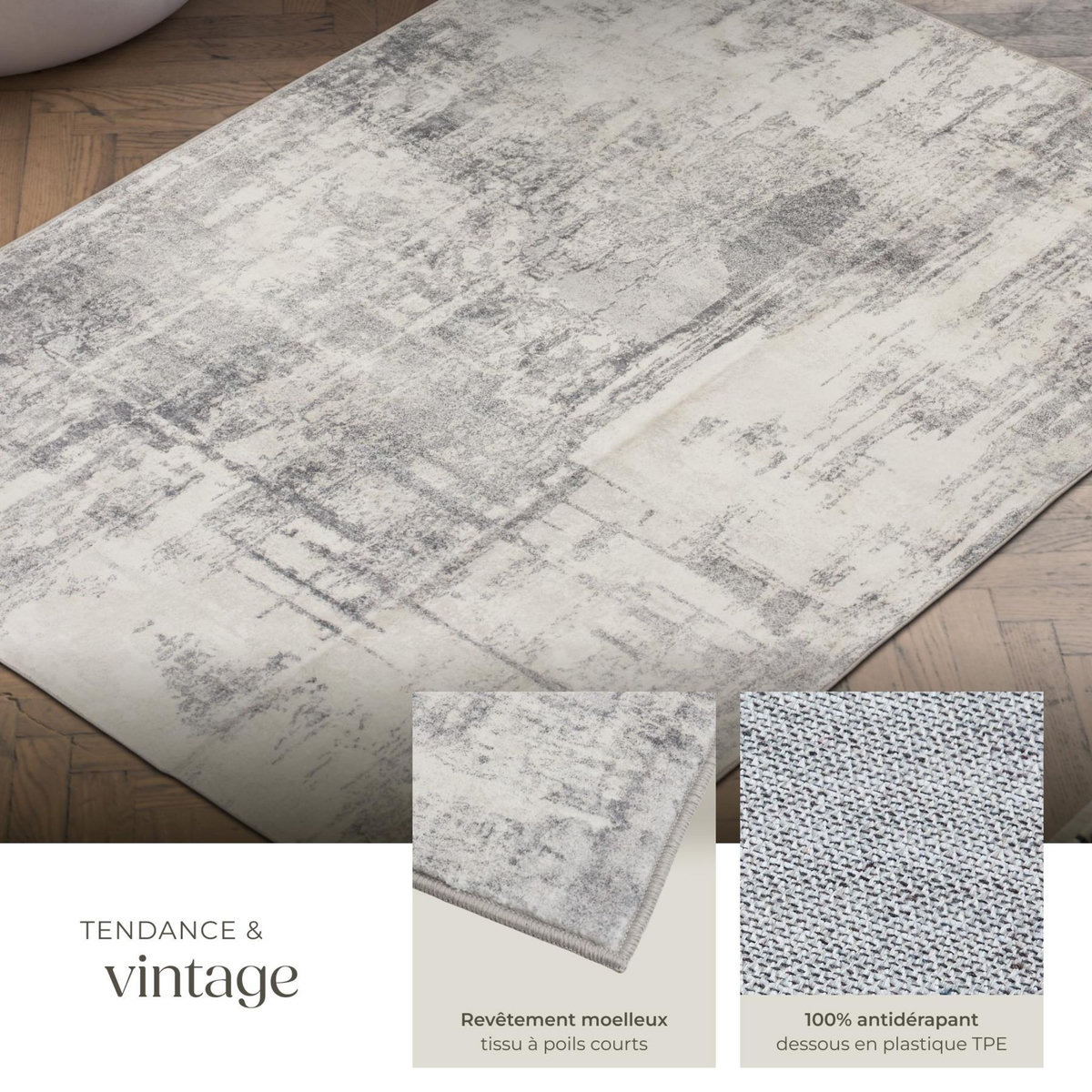 tectake Tapis design vintage à poils courts en laine synthétique et feutre beige/gris 120 x 170 cm