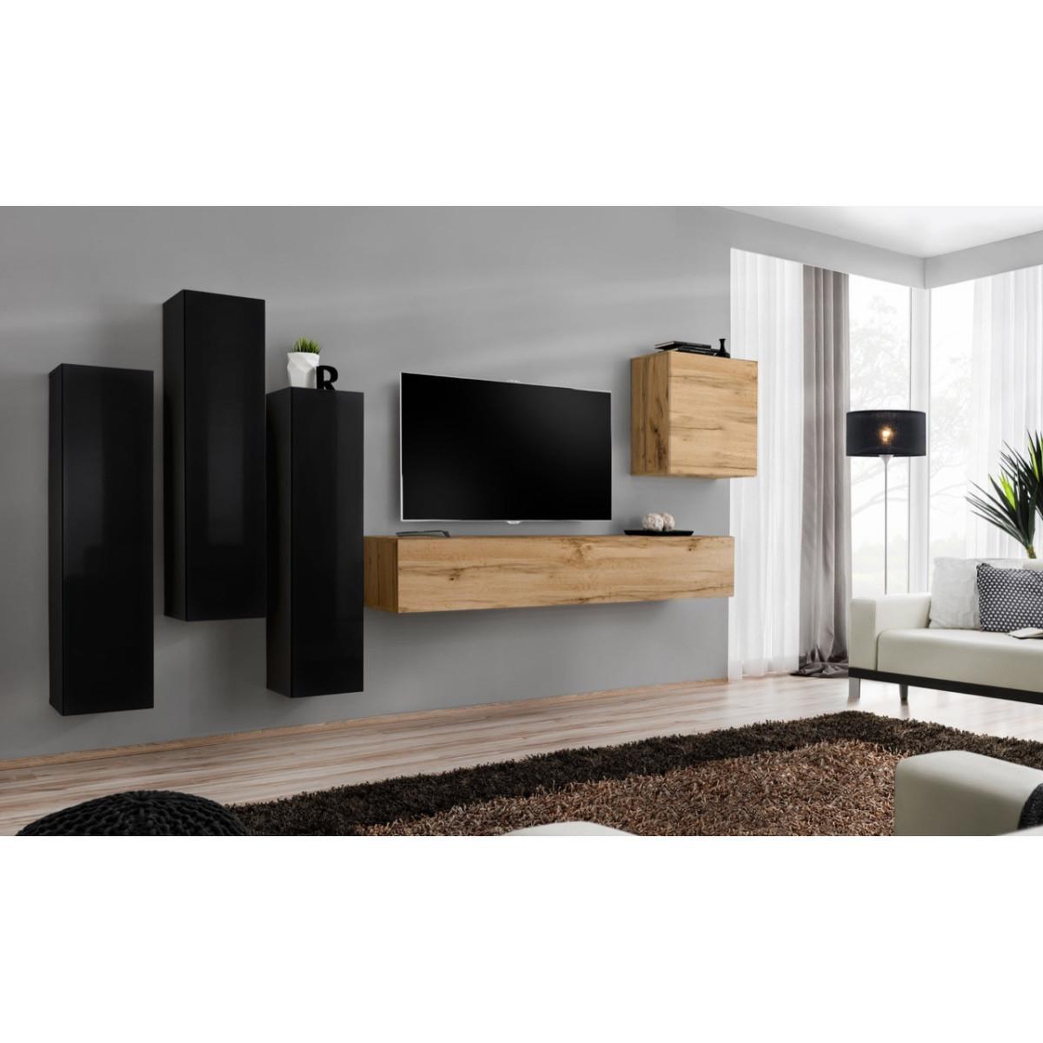 Voir la diapositive 2 : Paris Prix Meuble tv mural design  switch iii  330cm noir & naturel
