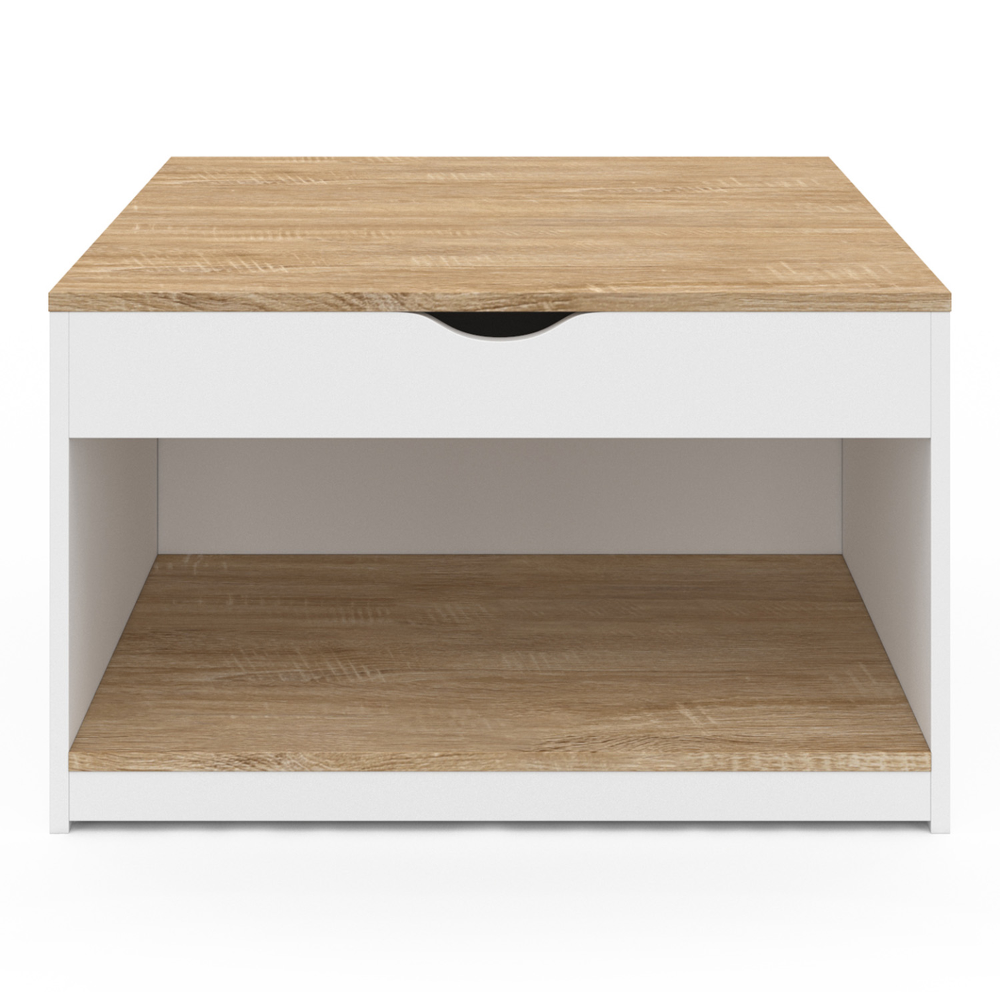 Voir la diapositive 3 : ID MARKET Table basse plateau relevable carrée elea avec coffre bois blanc et façon hêtre