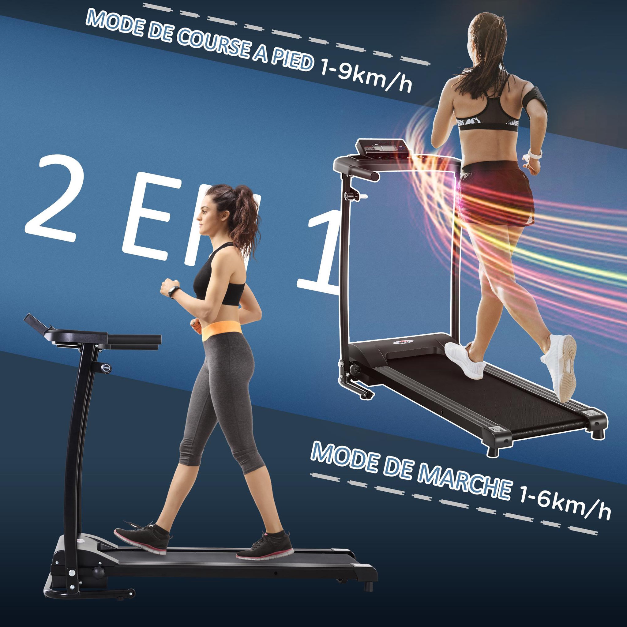 Voir la diapositive 5 : HOMCOM Tapis électrique de course pliable 1-9 Km/h 500 W écran LCD 3 programmes noir