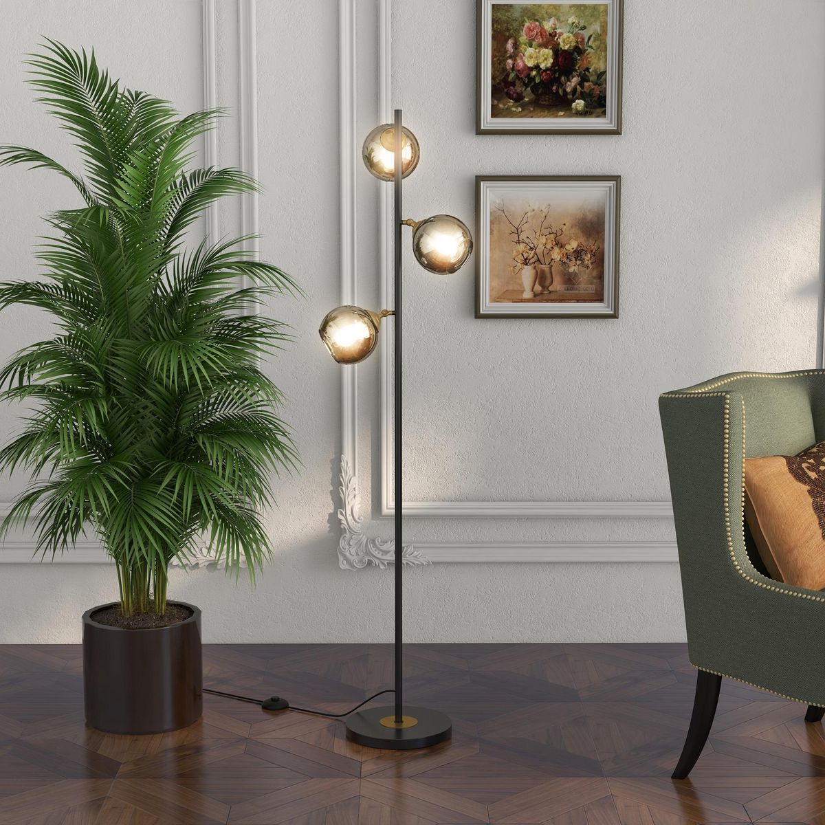 HOMCOM Lampadaire globe design néo-rétro 3 ampoules orientables max. 40 W H. 162 cm métal noir doré verre gris