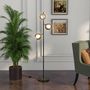 Voir la diapositive 2 : HOMCOM Lampadaire globe design néo-rétro 3 ampoules orientables max. 40 W H. 162 cm métal noir doré verre gris
