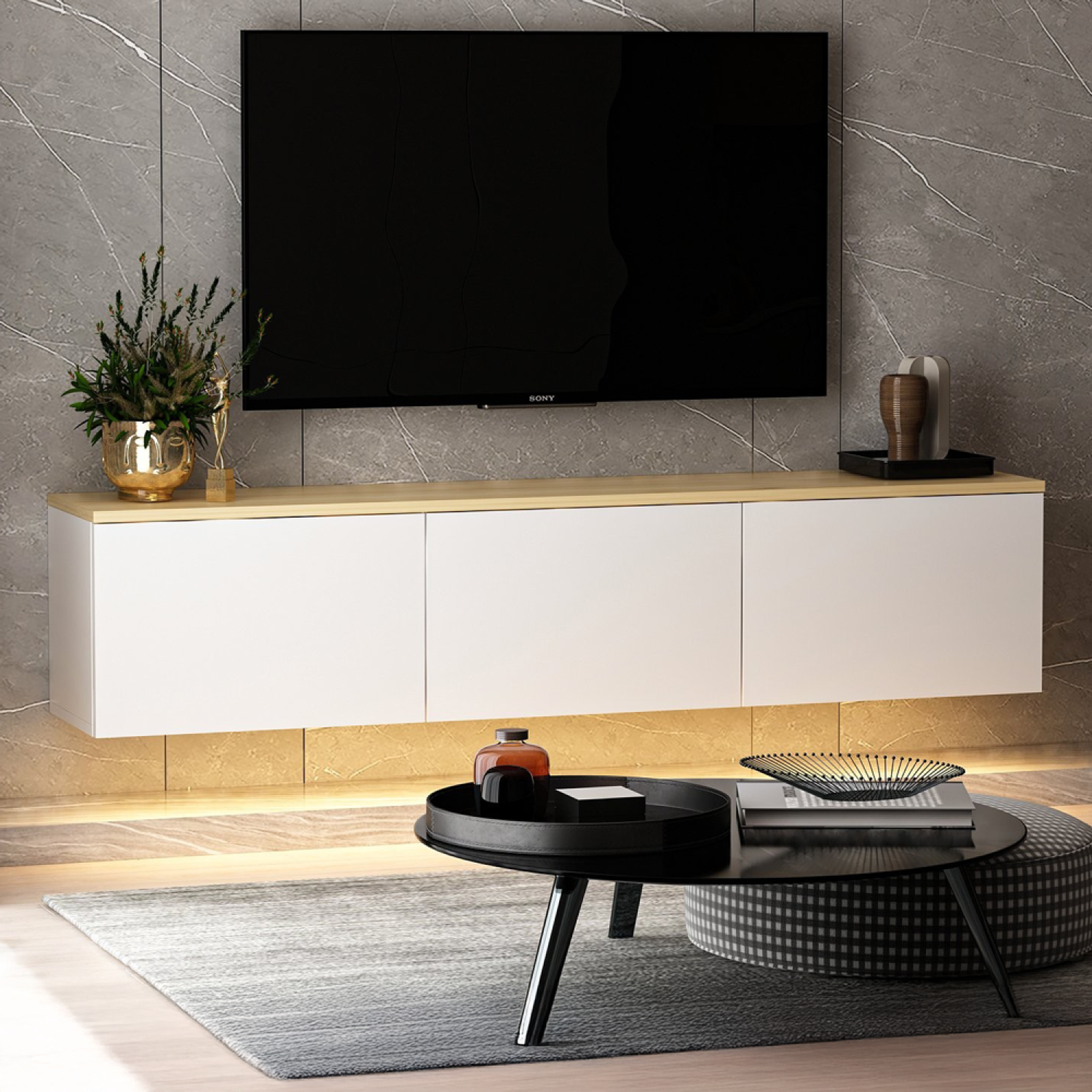 Voir la diapositive 5 : CONCEPT USINE Meuble tv led suspendu avec placards blanc et plateau bois 160cm lumi
