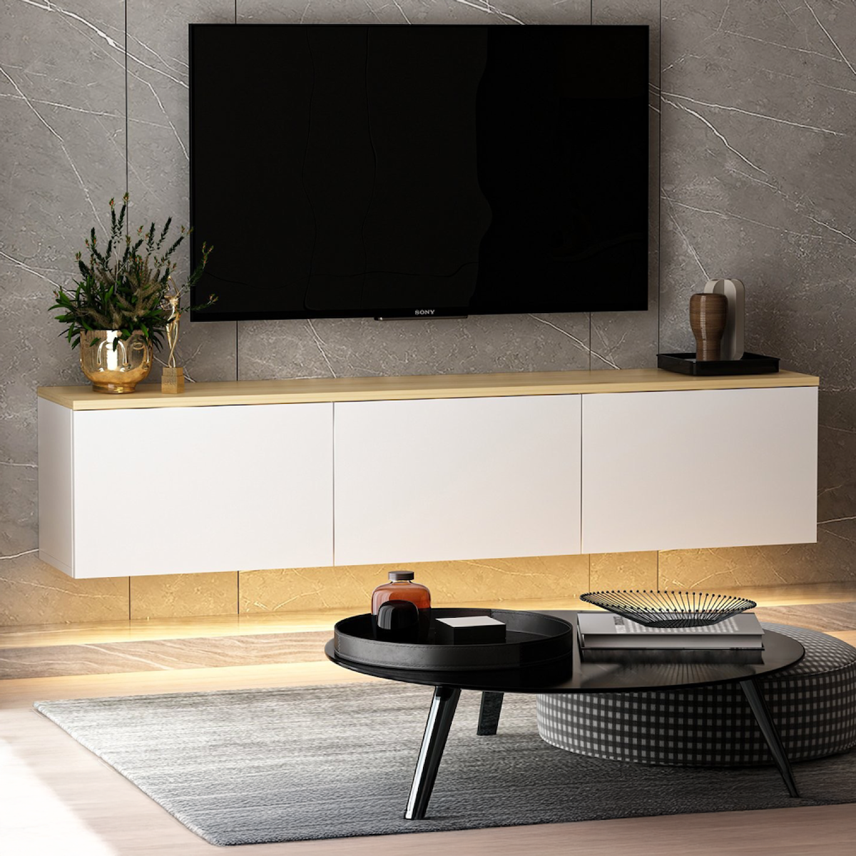 CONCEPT USINE Meuble TV LED suspendu avec placards blanc et plateau bois 160cm LUMI