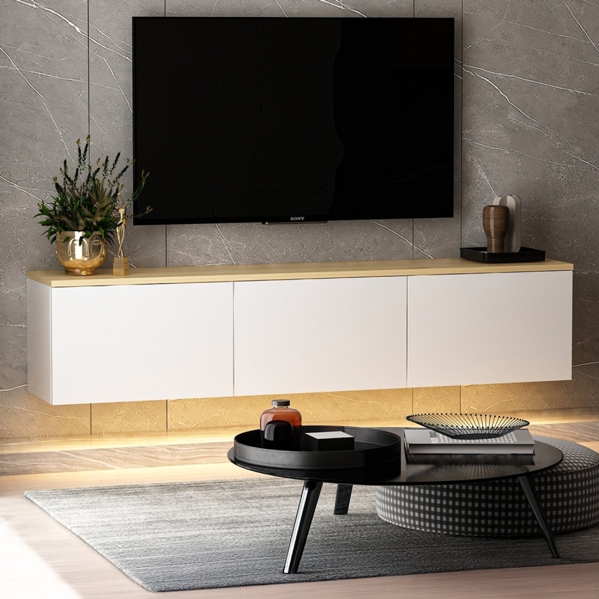 CONCEPT USINE Meuble TV LED suspendu avec placards blanc et plateau bois 160cm LUMI