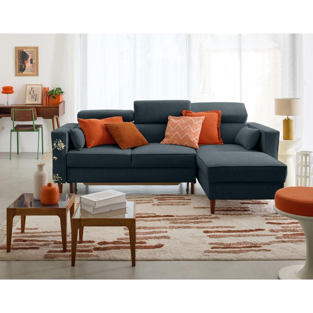 BEST MOBILIER Alicante - canapé d'angle réversible convertible avec têtières - coffre - 4 places - en tissu texturé