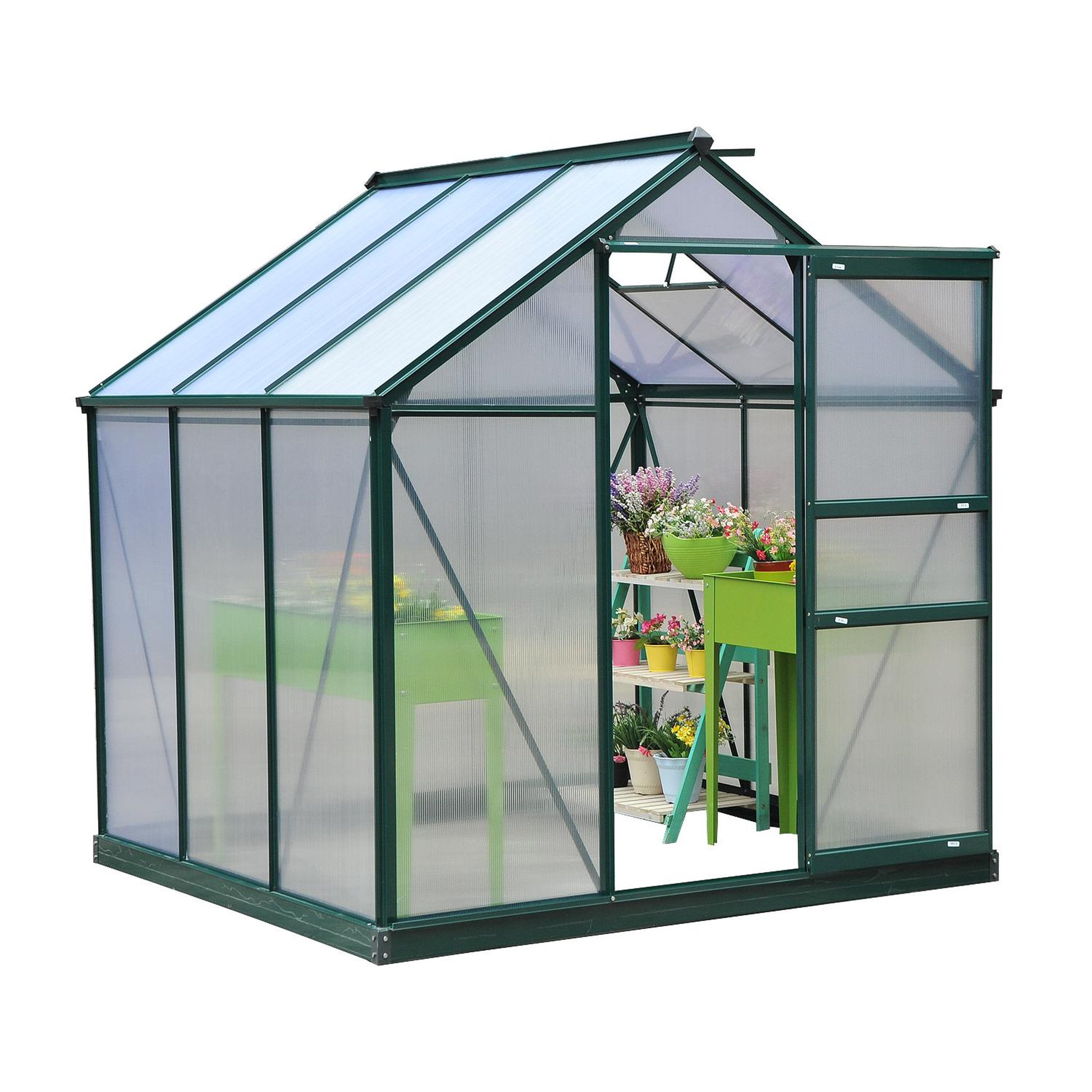 Voir la diapositive 5 : OUTSUNNY Serre de jardin aluminium polycarbonate 3,65 m² dim. 1,9l x 1,92l x 2,01h m lucarne, porte coulissante + fondation incluse alu. Vert polycarbonate transparent