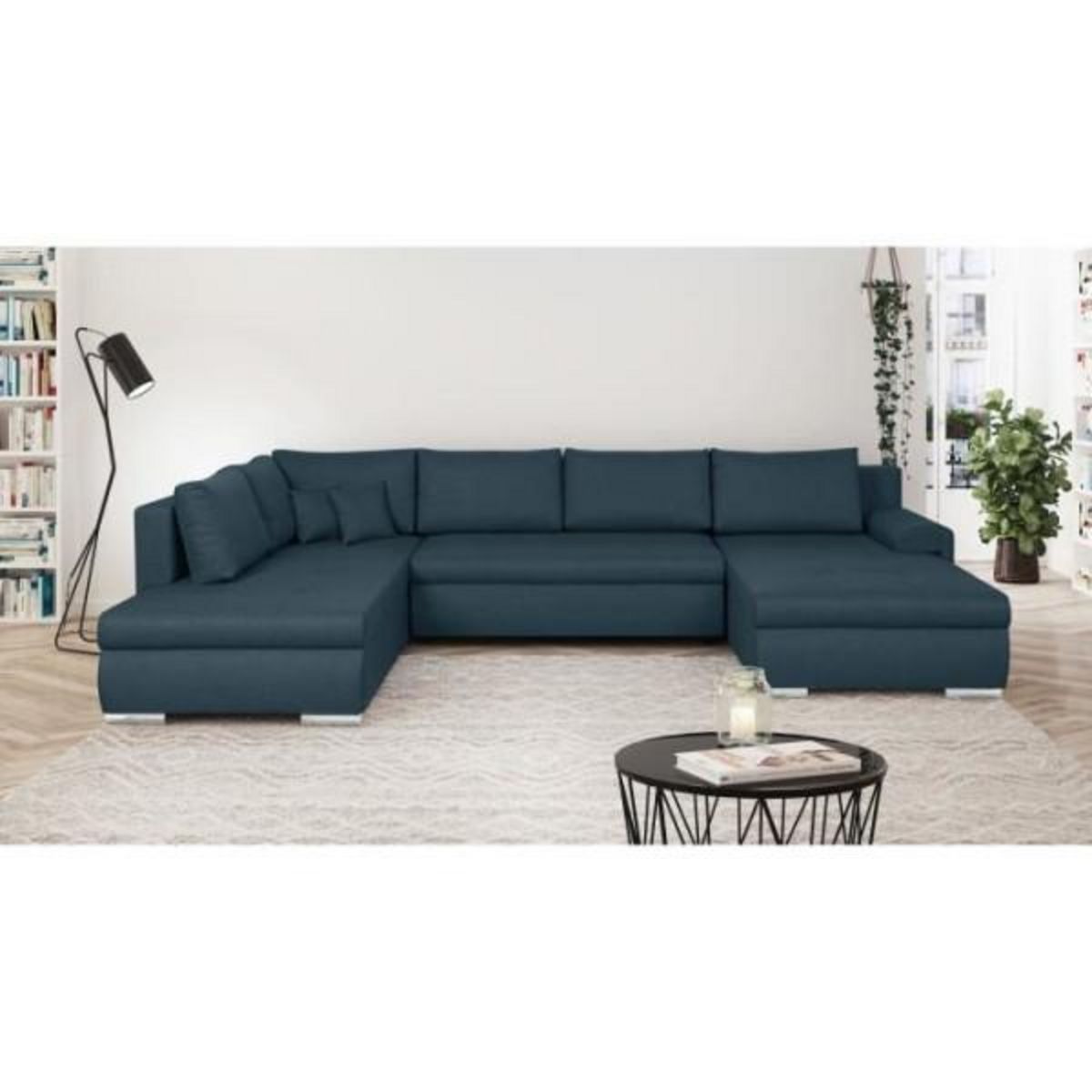 MARKET24 Canapé d'angle panoramique convertible -7 places - INDIAN - Tissu 100% polyester - Bleu canard - 360 x 228 cm