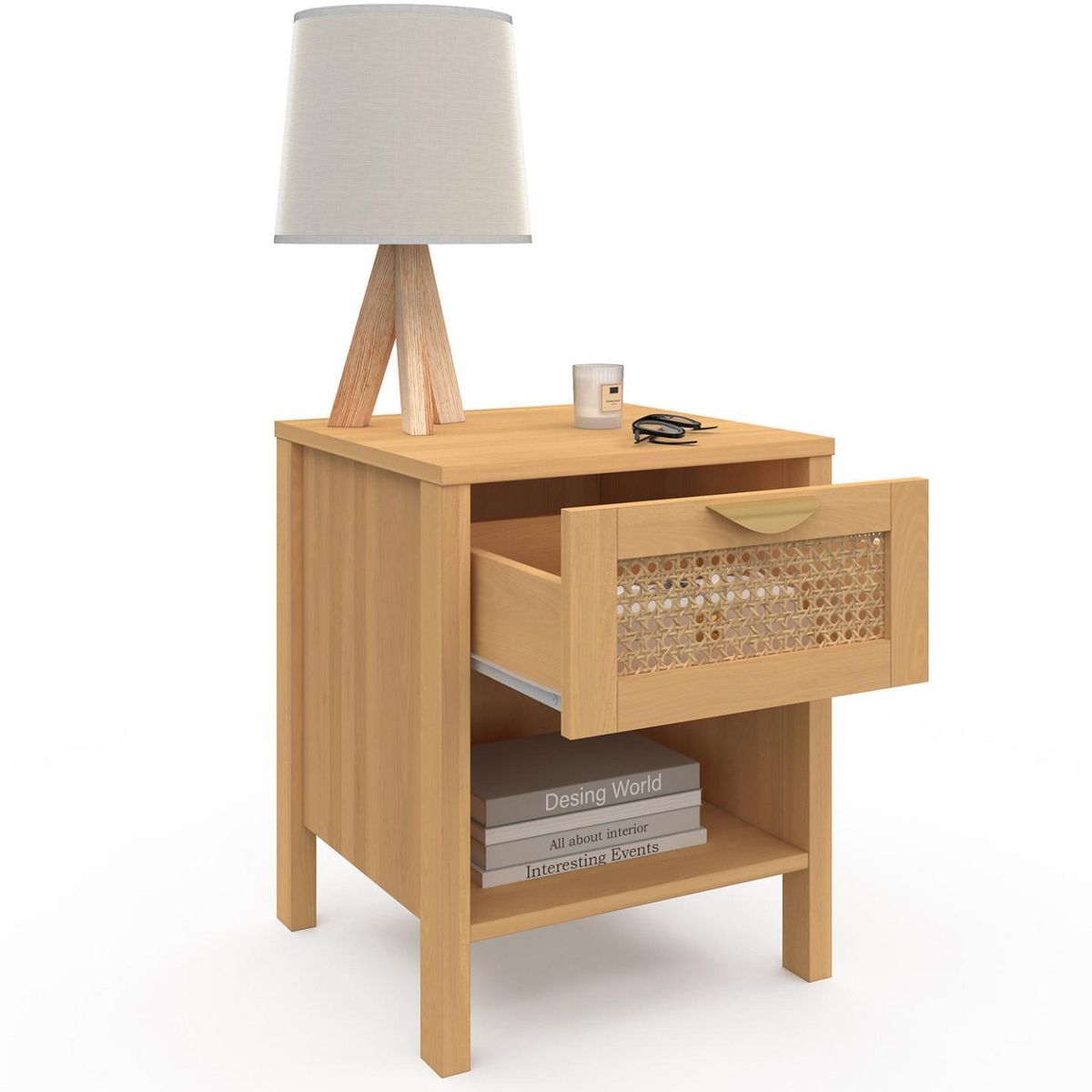 ID MARKET Lot de 2 tables de chevet EDHEN 1 tiroir avec niche cannage et bois