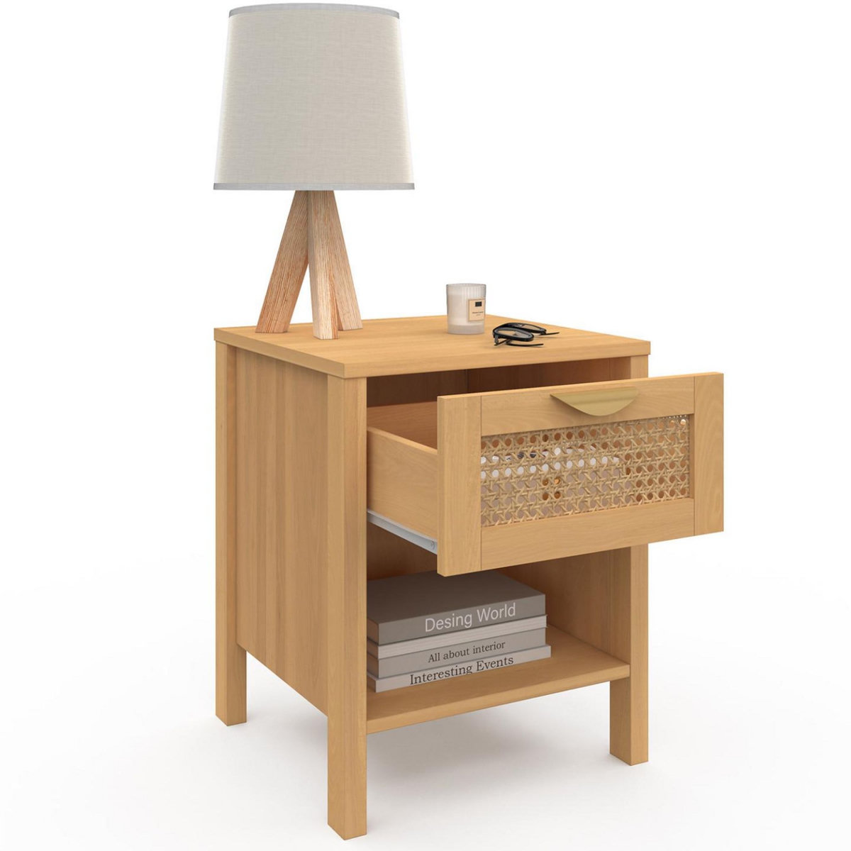 ID MARKET Lot de 2 tables de chevet EDHEN 1 tiroir avec niche cannage et bois