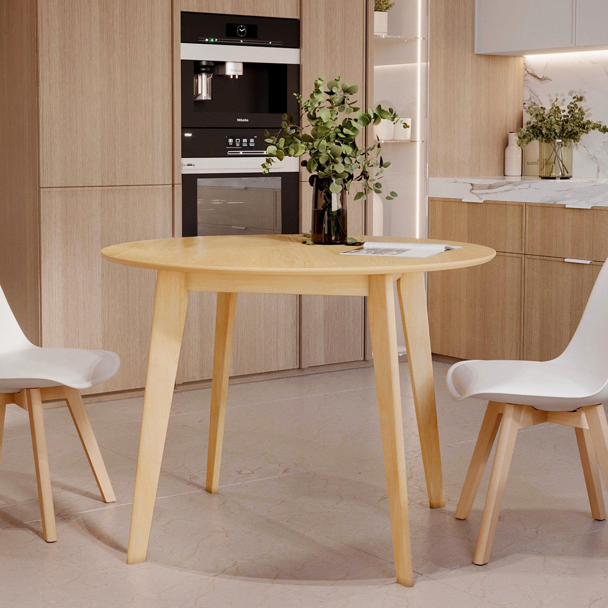 Voir la diapositive 2 : MAISON PAVANE Table ronde 4 personnes en bois clair d100 cm-réno