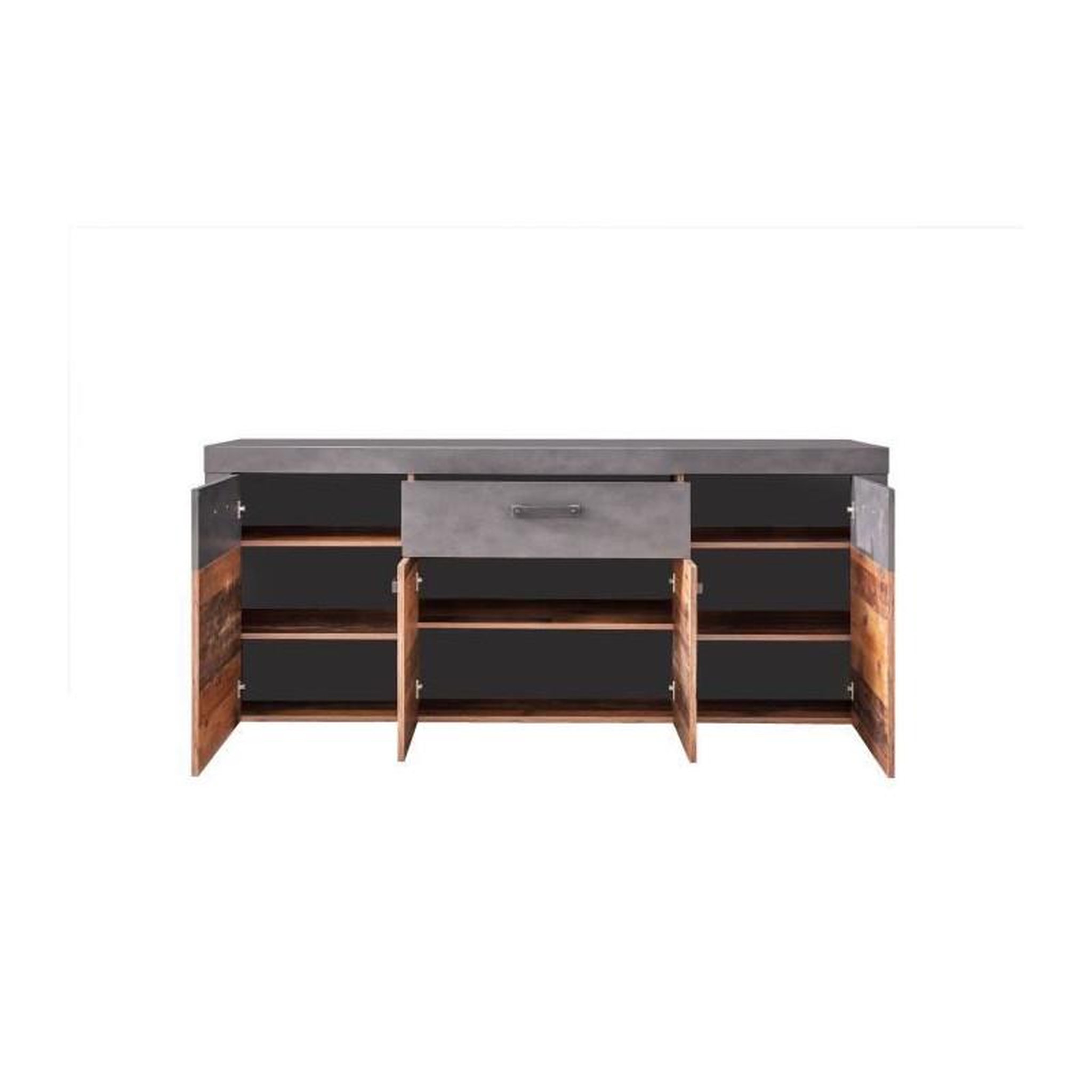 Voir la diapositive 4 : Trendteam Buffet bas INDY 4 Portes et 1 Tiroir - Mélaminé bois vieilli et gris mat - L 178 x P 40 x H 77 cm