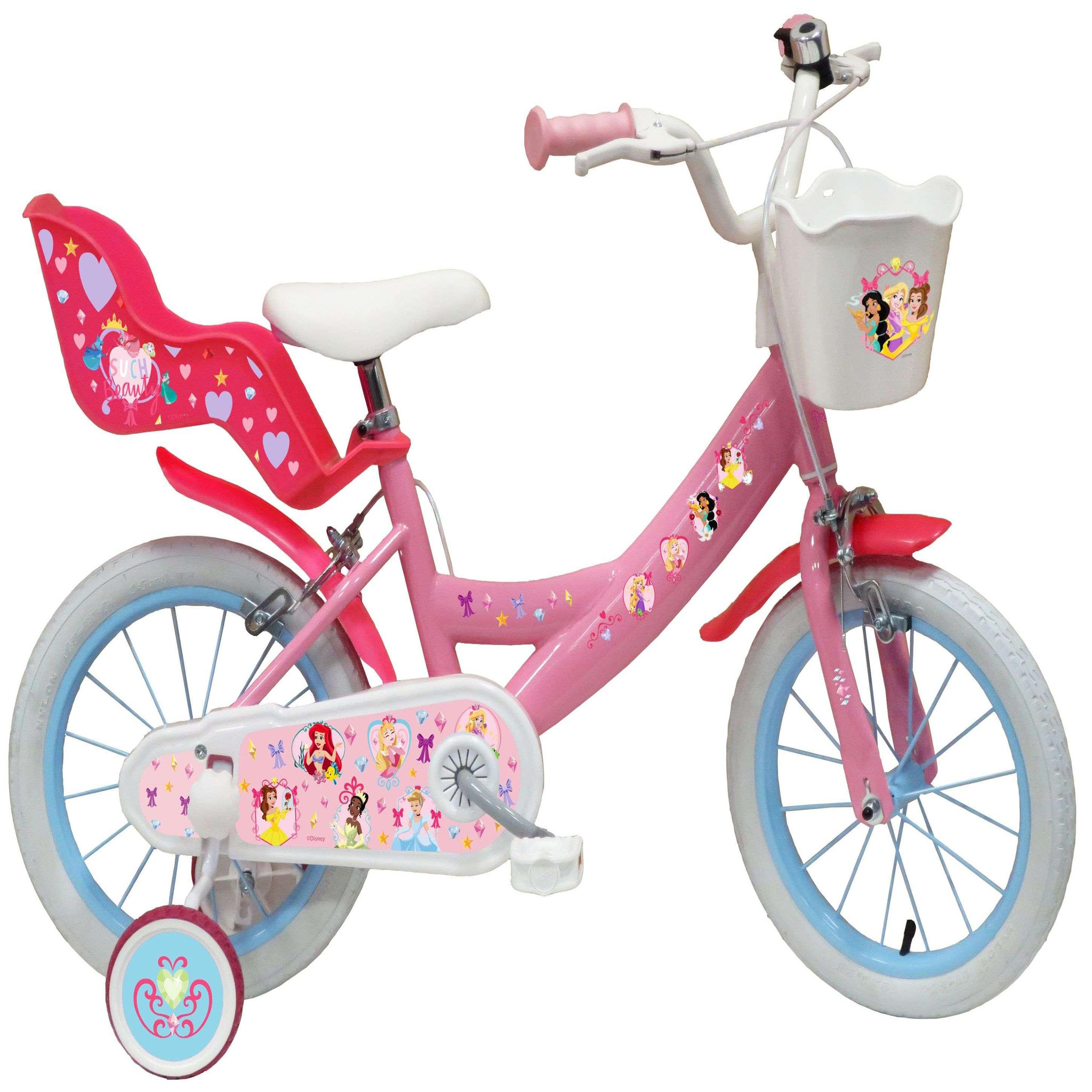 Disney Princesse Vélo enfant - Modème 14'' Princesse de Disney pour enfant de 95/110 cm avec stabilisateurs - Panier avant - Porte poupée arrière - 2 freins