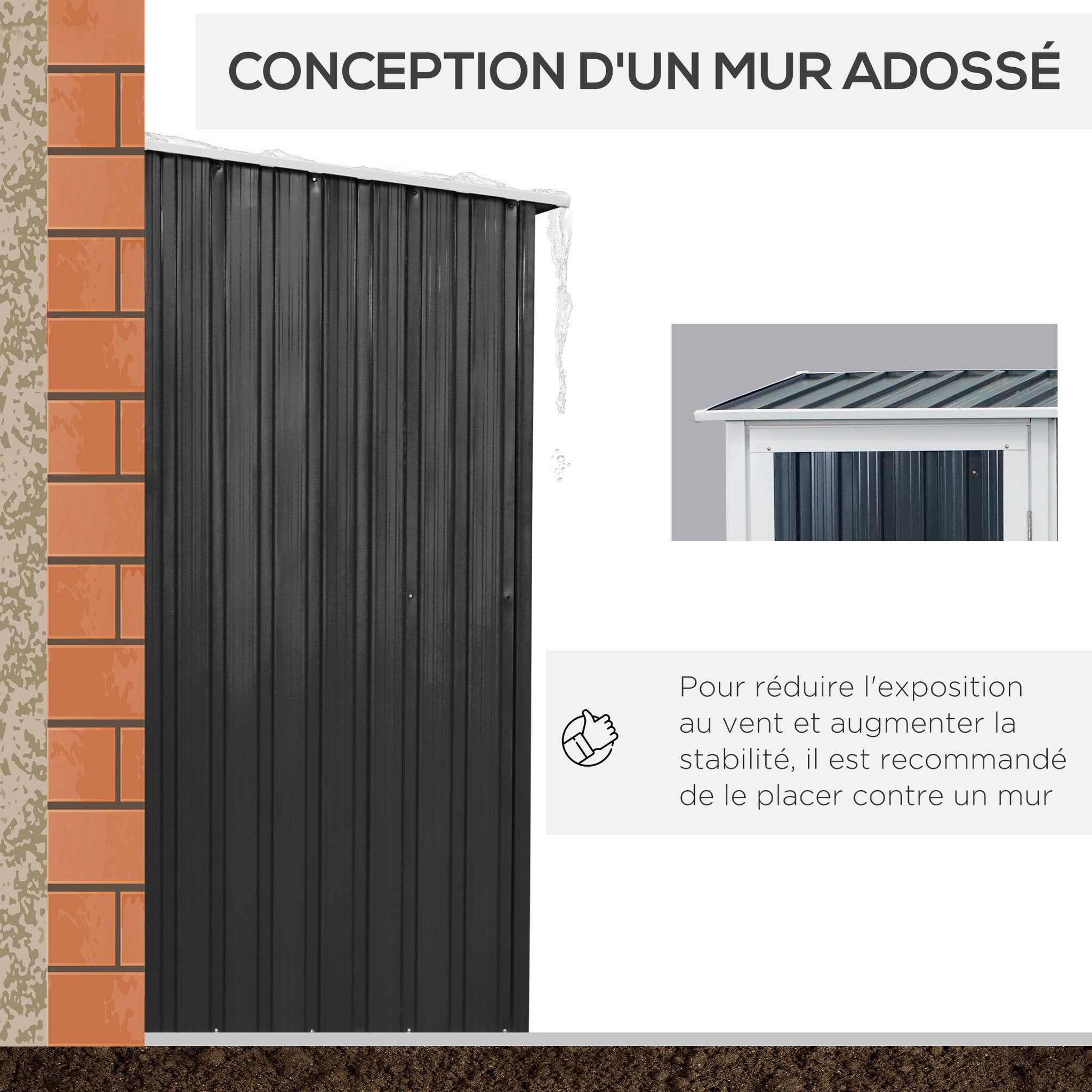 Voir la diapositive 6 : OUTSUNNY Abri de jardin - remise pour outils - cabanon porte verrouillable - dim. 142L x 84l x 189H cm - tôle d'acier anthracite blanc
