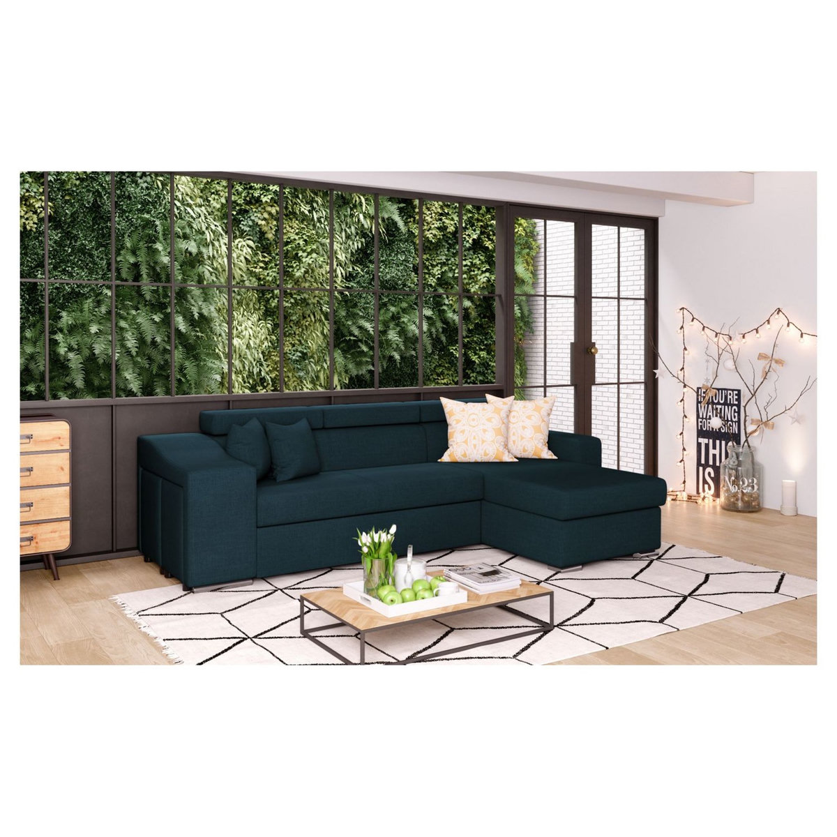 Canapé d'angle convertible réversible 5 places avec niche de rangement fixe à droite tissu STYL 