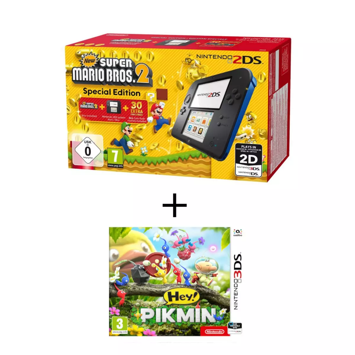 Console Bleue 2DS New Super Mario Bros 2 + Hey Pikmin 3DS