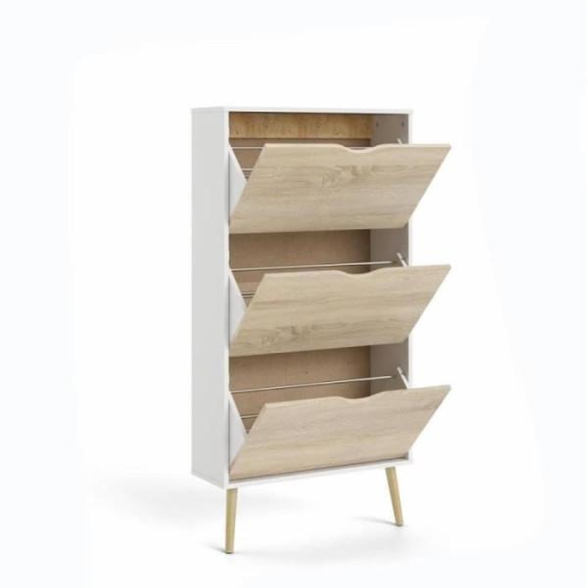 Voir la diapositive 6 : MARKET24 Meuble a chaussures - Blanc / Chene - 12 paires - Pietement évasé en bois massif - 70,2 x 23,9 x 138,9 cm ARO