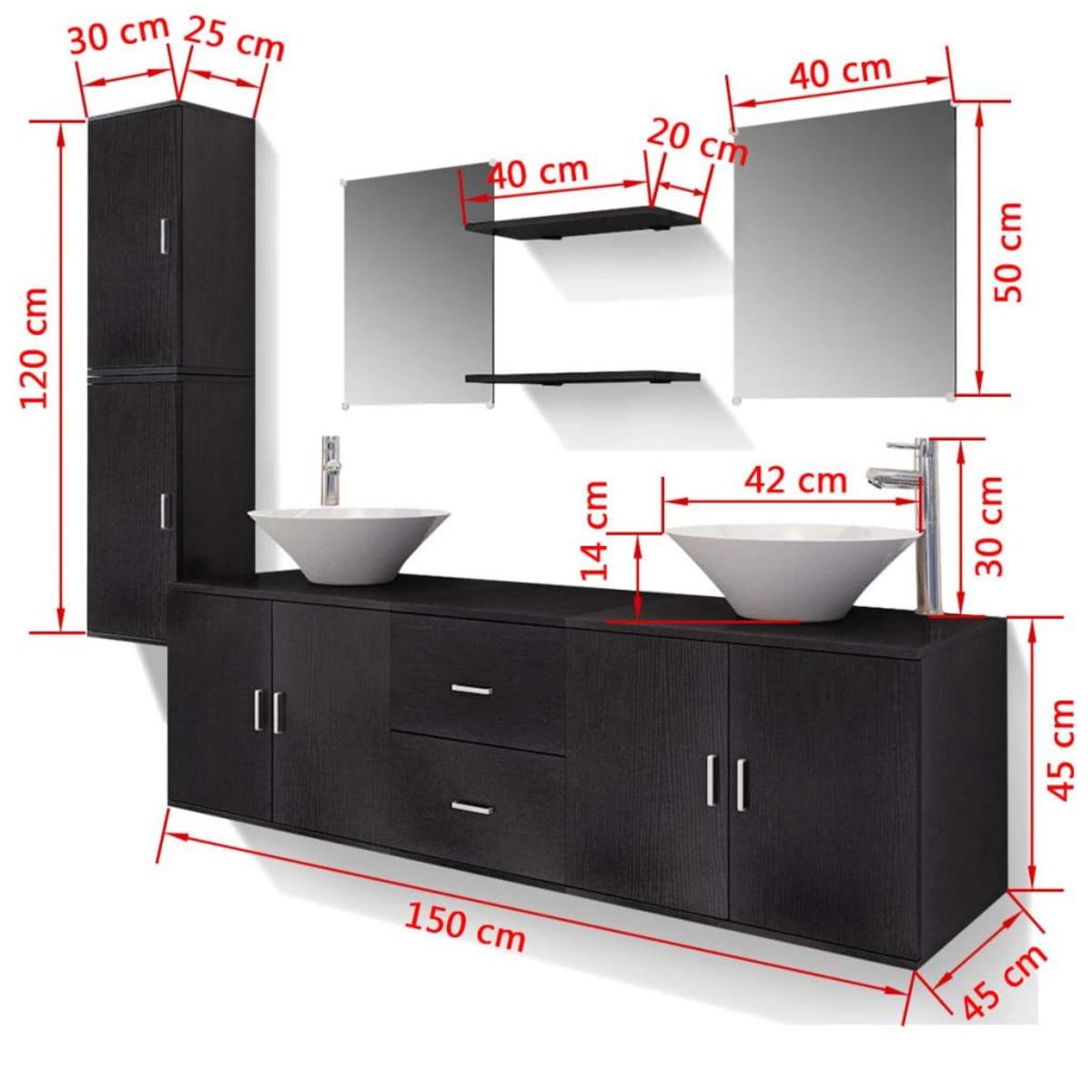 VIDAXL Meuble de salle de bain 11 pcs avec lavabo et robinet Noir