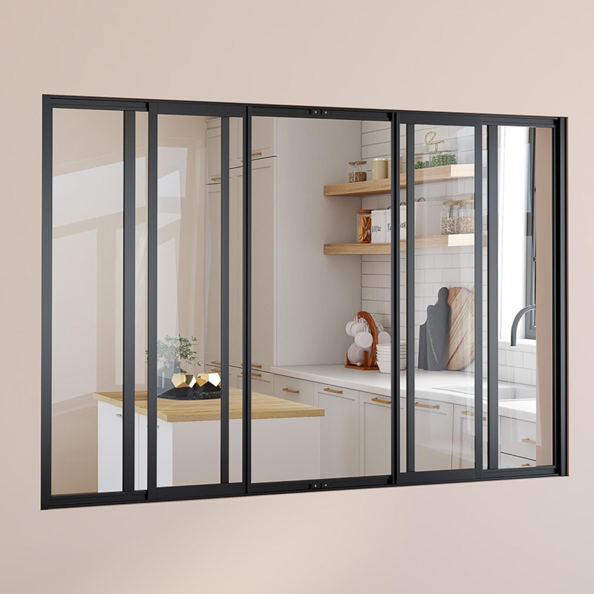 Voir la diapositive 2 : ID MARKET Verrière atelier coulissante 6 vitrages l. 160 x h. 108 cm en métal noir et verre trempé
