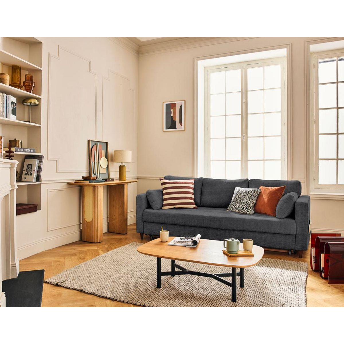 LISA DESIGN Anna - canapé droit 3 places convertible avec poche en velours texturé