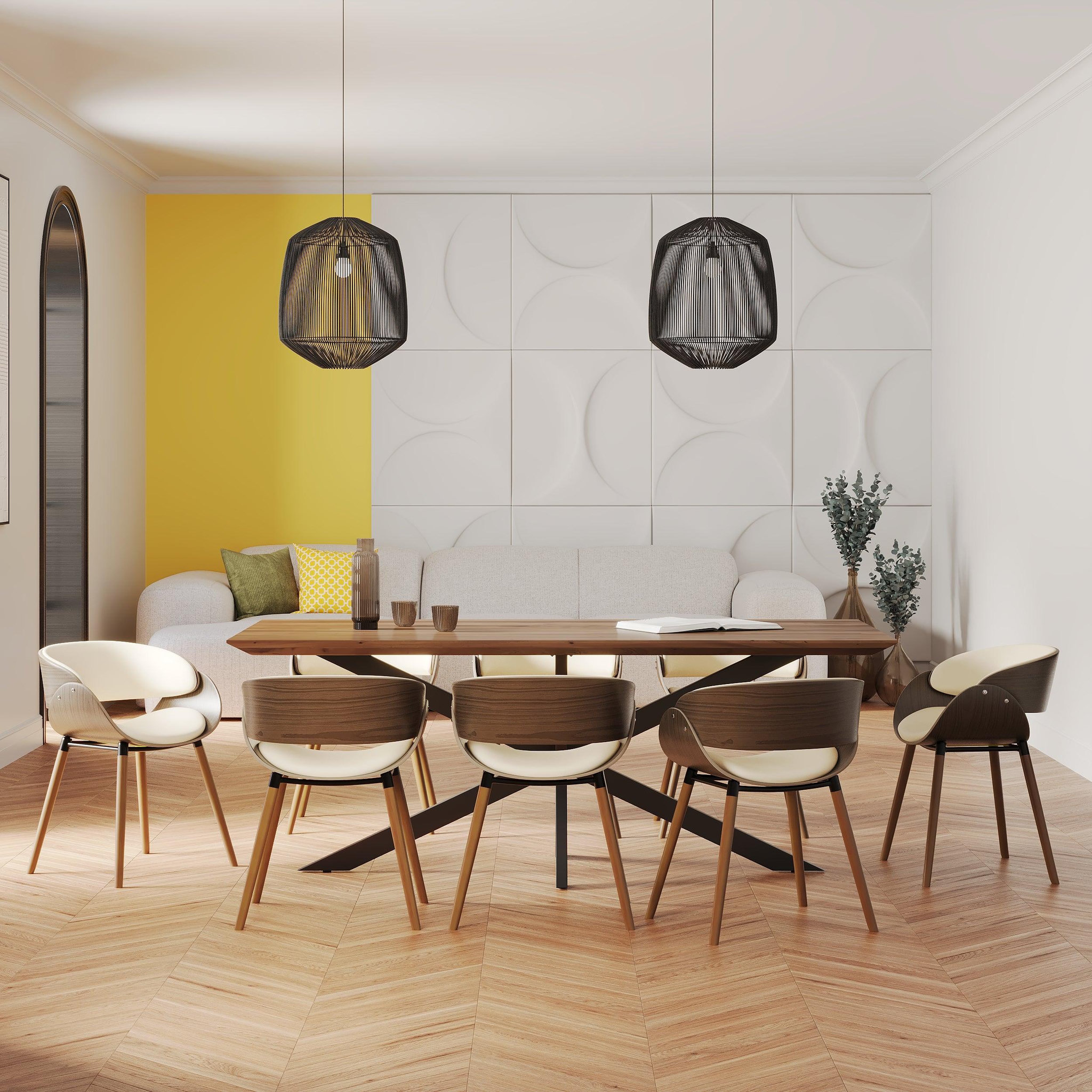 Voir la diapositive 2 : MAISON PAVANE Table et chaises 8 personnes en cuir synthétique beige et bois-Surdiman