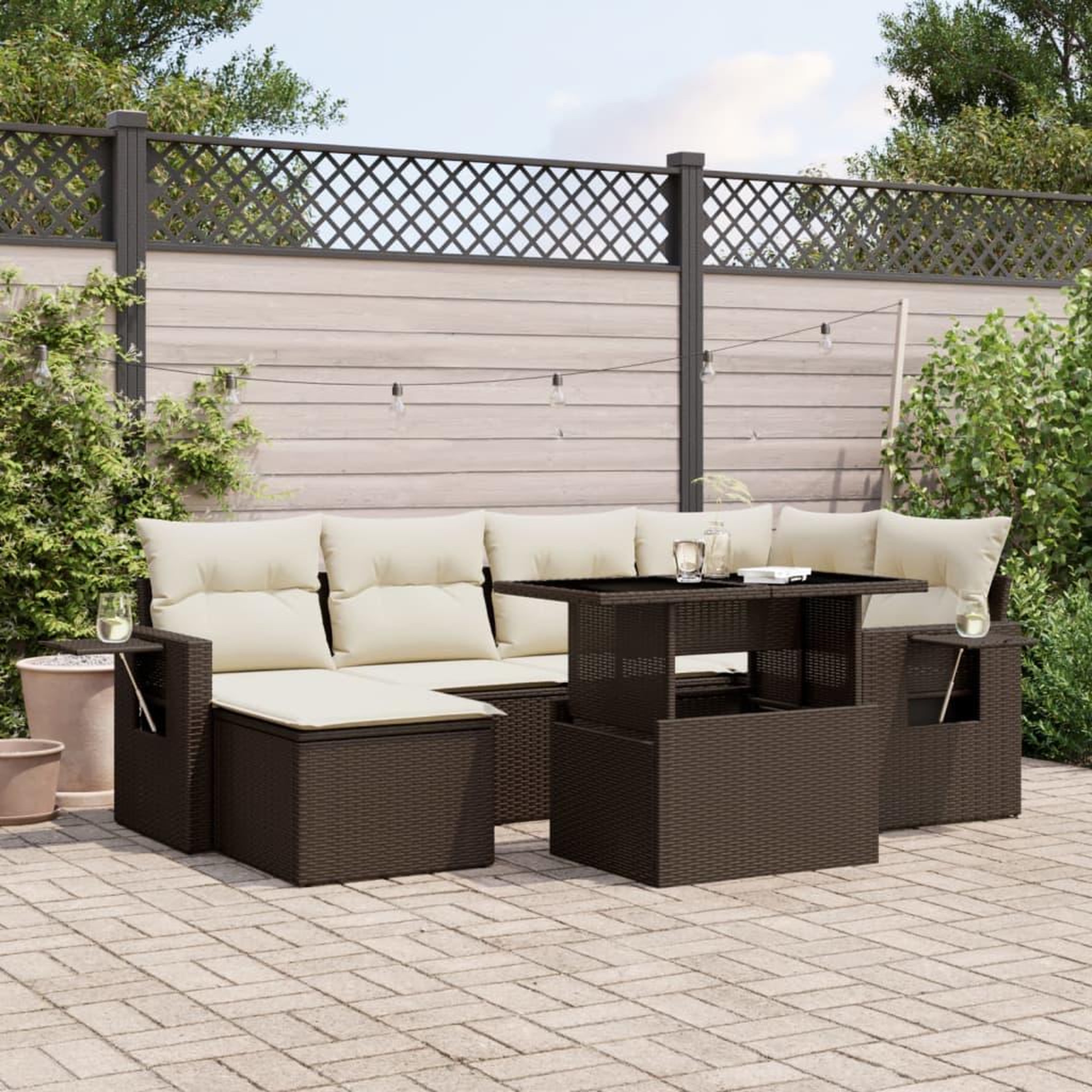 VIDAXL Salon de jardin avec coussins 7 pcs marron resine tressee
