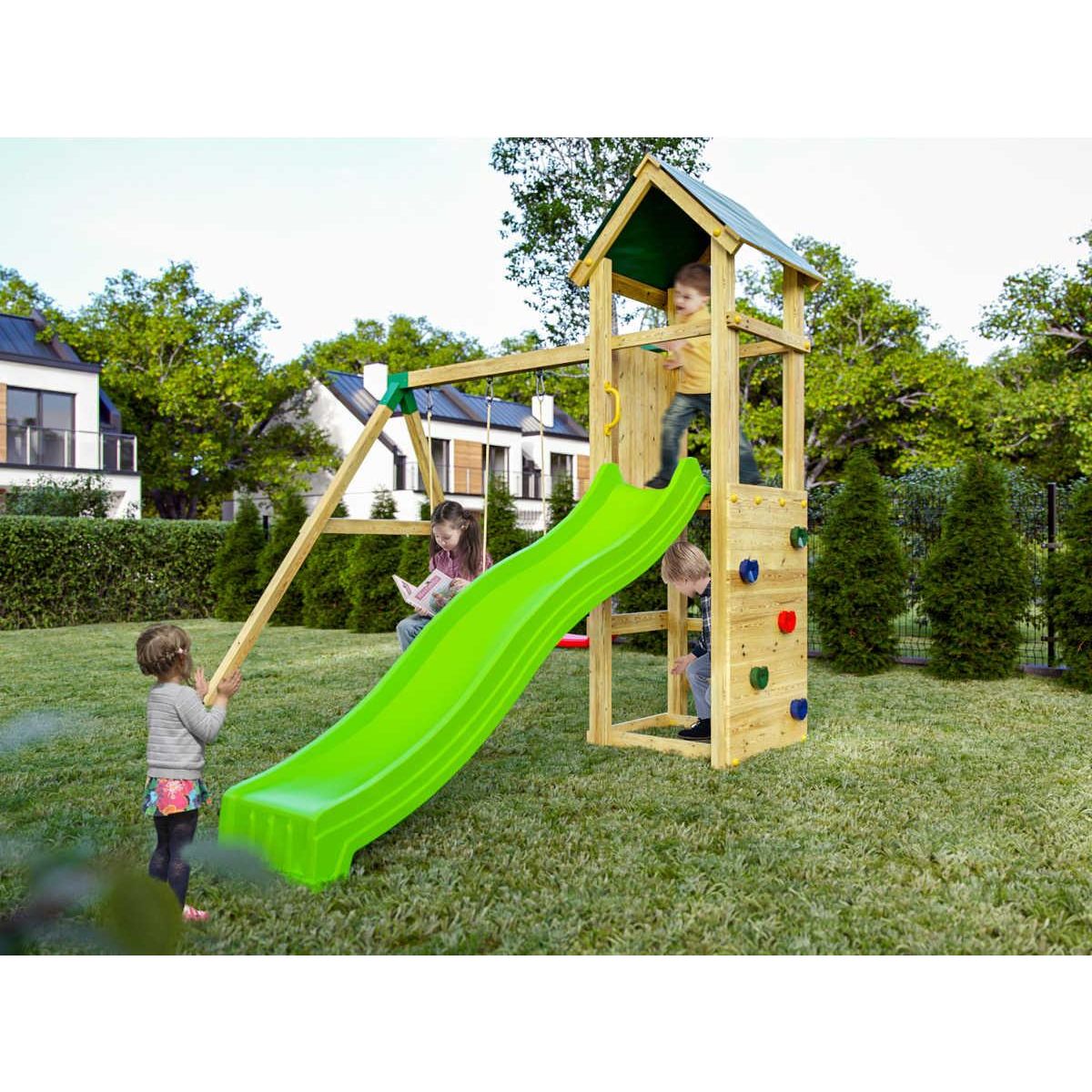 Fungoo Aire de jeux Charly avec balançoire double et mur d'escalade - Fungoo