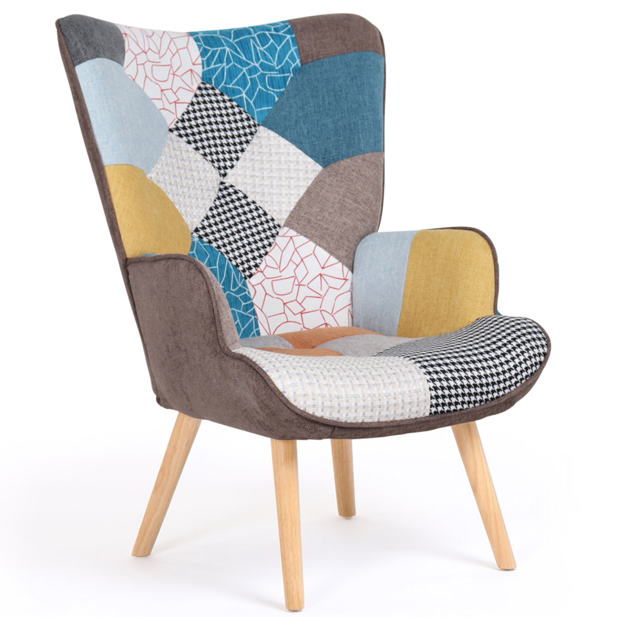 ID MARKET Fauteuil scandinave IVAR en tissu patchwork multicouleurs