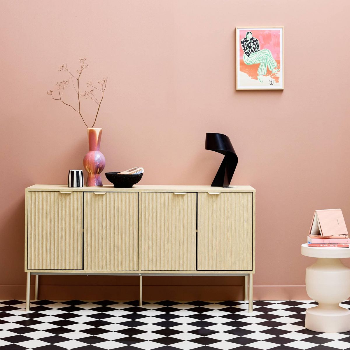 SWEEEK Buffet effet bois rainuré et métal champagne. buffet bas. 4 portes. 140cm