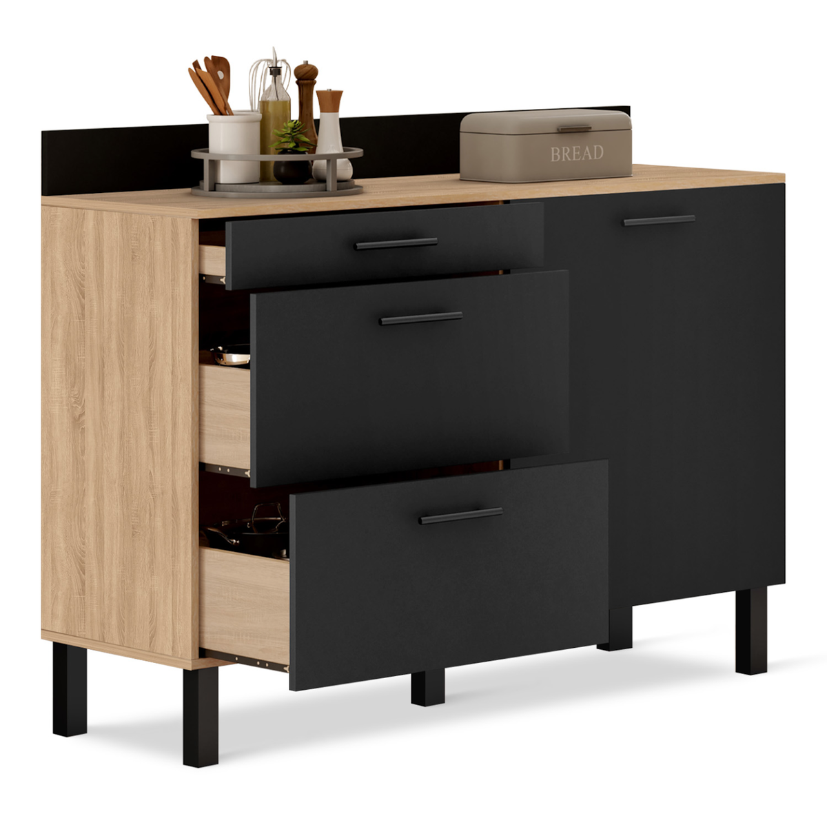 ID MARKET Buffet bas casserolier de cuisine 120 cm CINA plan de travail H.83 cm 1 porte + 3 tiroirs façon hêtre et noir
