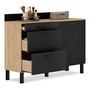 Voir la diapositive 1 : ID MARKET Buffet bas casserolier de cuisine 120 cm CINA plan de travail H.83 cm 1 porte + 3 tiroirs façon hêtre et noir