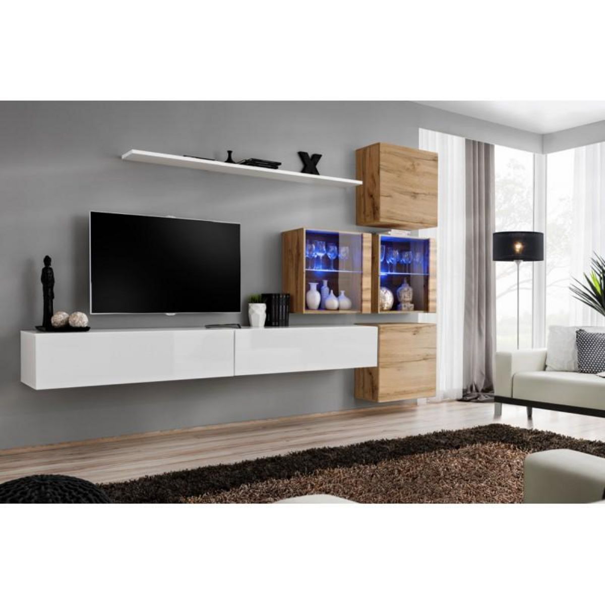 Paris Prix Meuble TV Mural Design  Switch XIX  310cm Blanc & Naturel