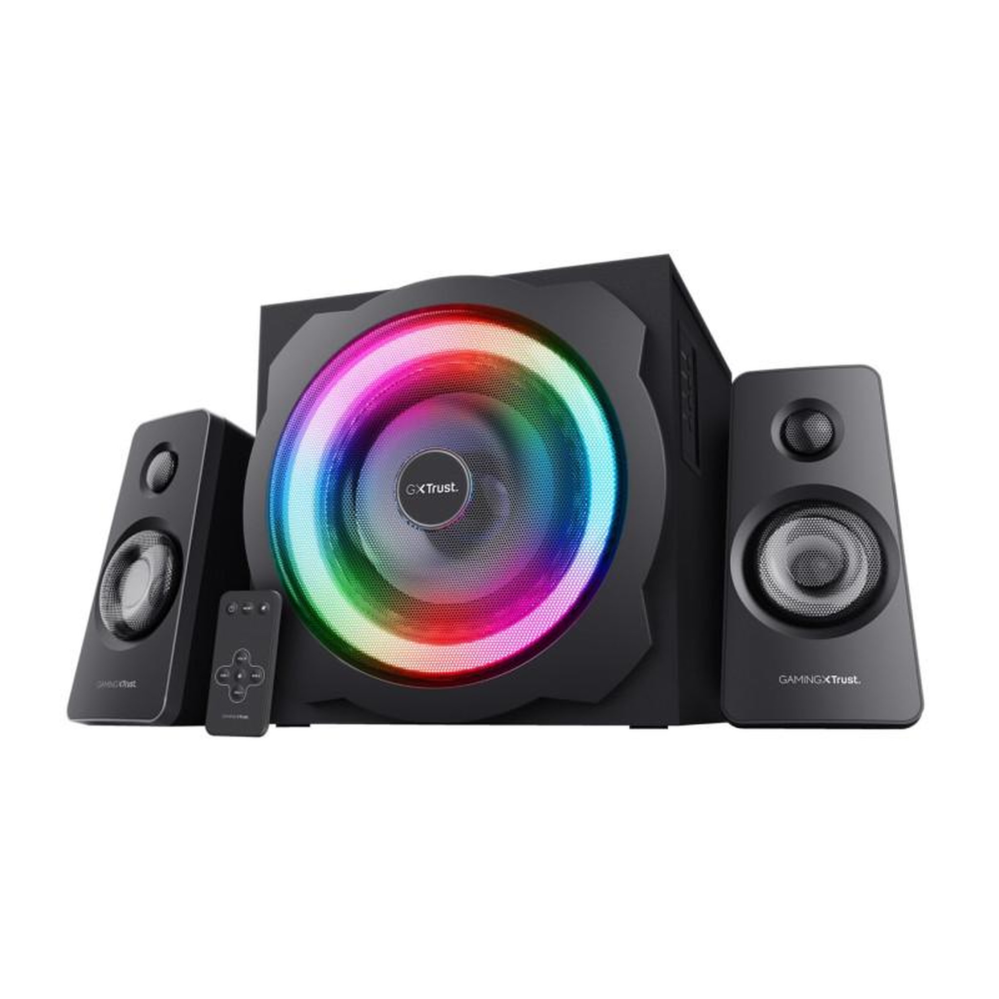 Voir la diapositive 2 : Trust Enceinte PC Trust Systeme d enceintes 2.1 puissant avec eclairage LED RGB reglable et telecommande