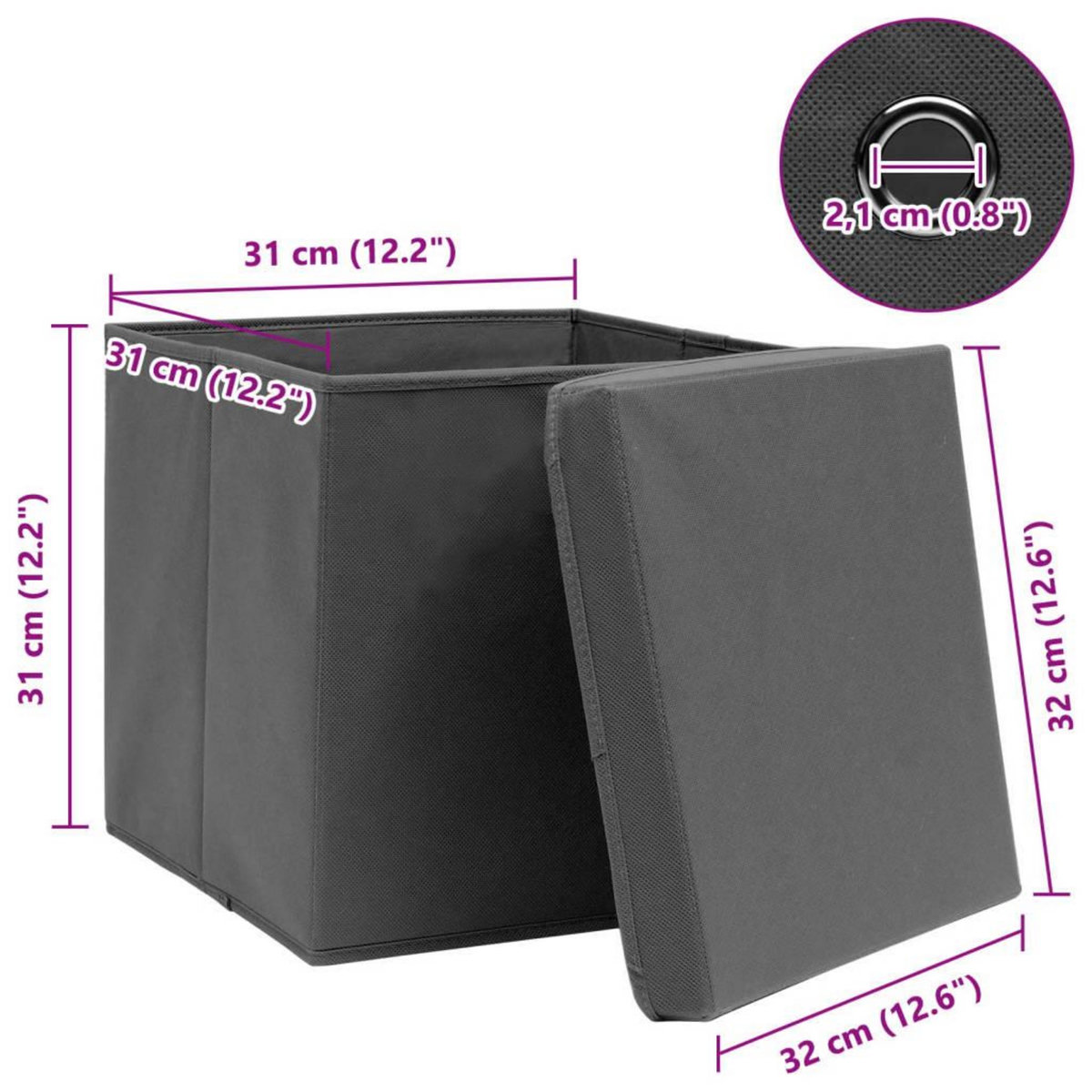 VIDAXL Boîtes de rangement avec couvercle 10 pcs Gris 32x32x32cm Tissu
