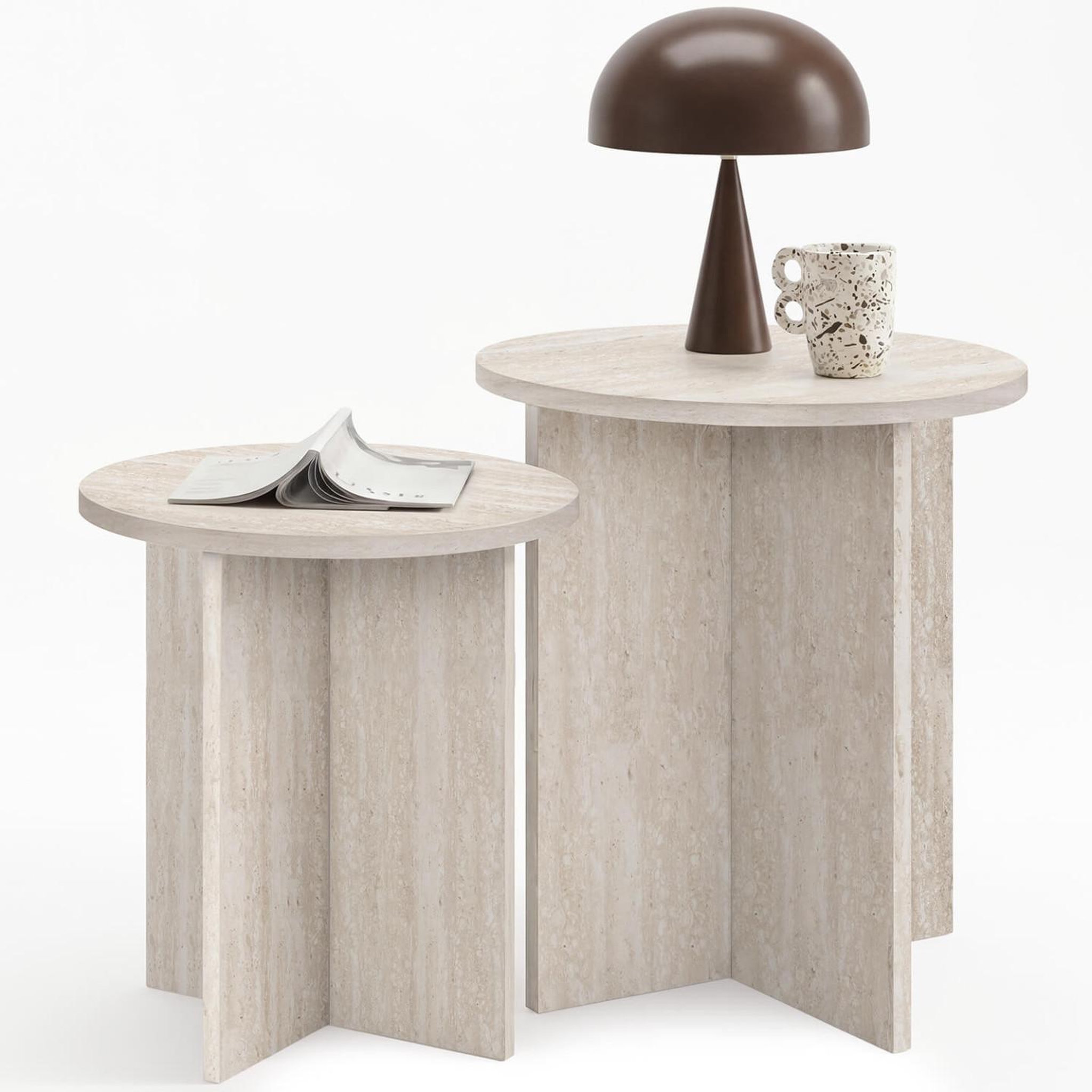 ID MARKET Lot de 2 tables d'appoint rondes, table basse, bouts de canapé, tables de chevet marthe 35/40 cm bois effet travertin