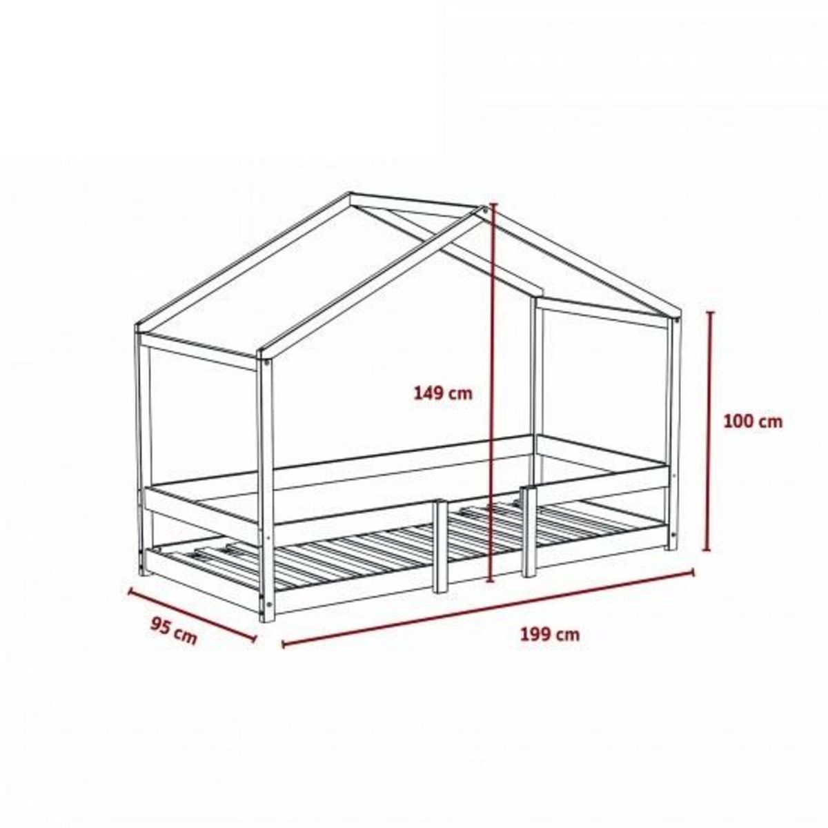 Lit cabane 90x190 cm en bois massif avec sommier et barrière de protection FLORIDA