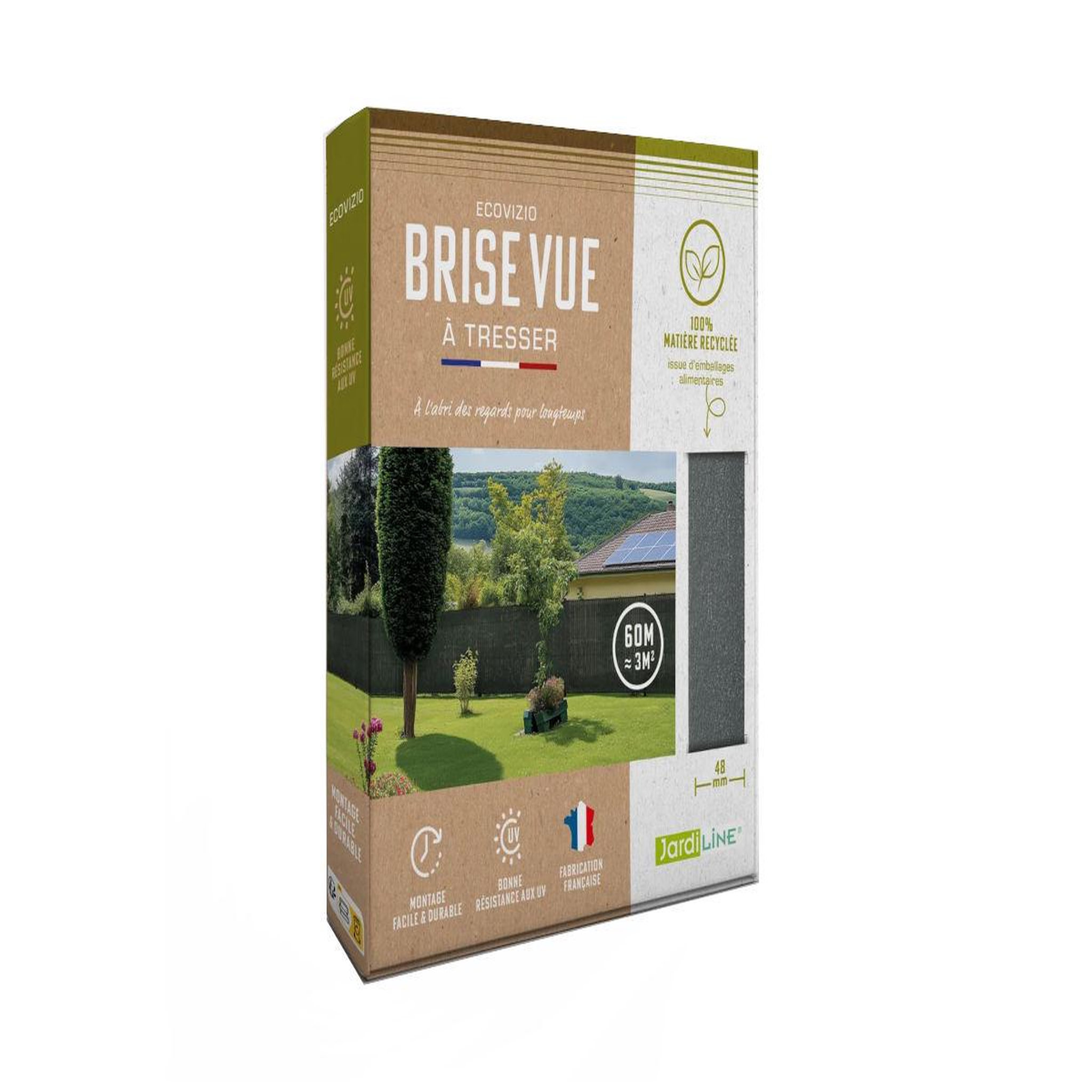 Voir la diapositive 3 : Jardiline Lanière occultante ecovizio à tresser 48 mm vert granit - 100% recyclée pour panneau grillagé soudé + 100 clips - jardiline