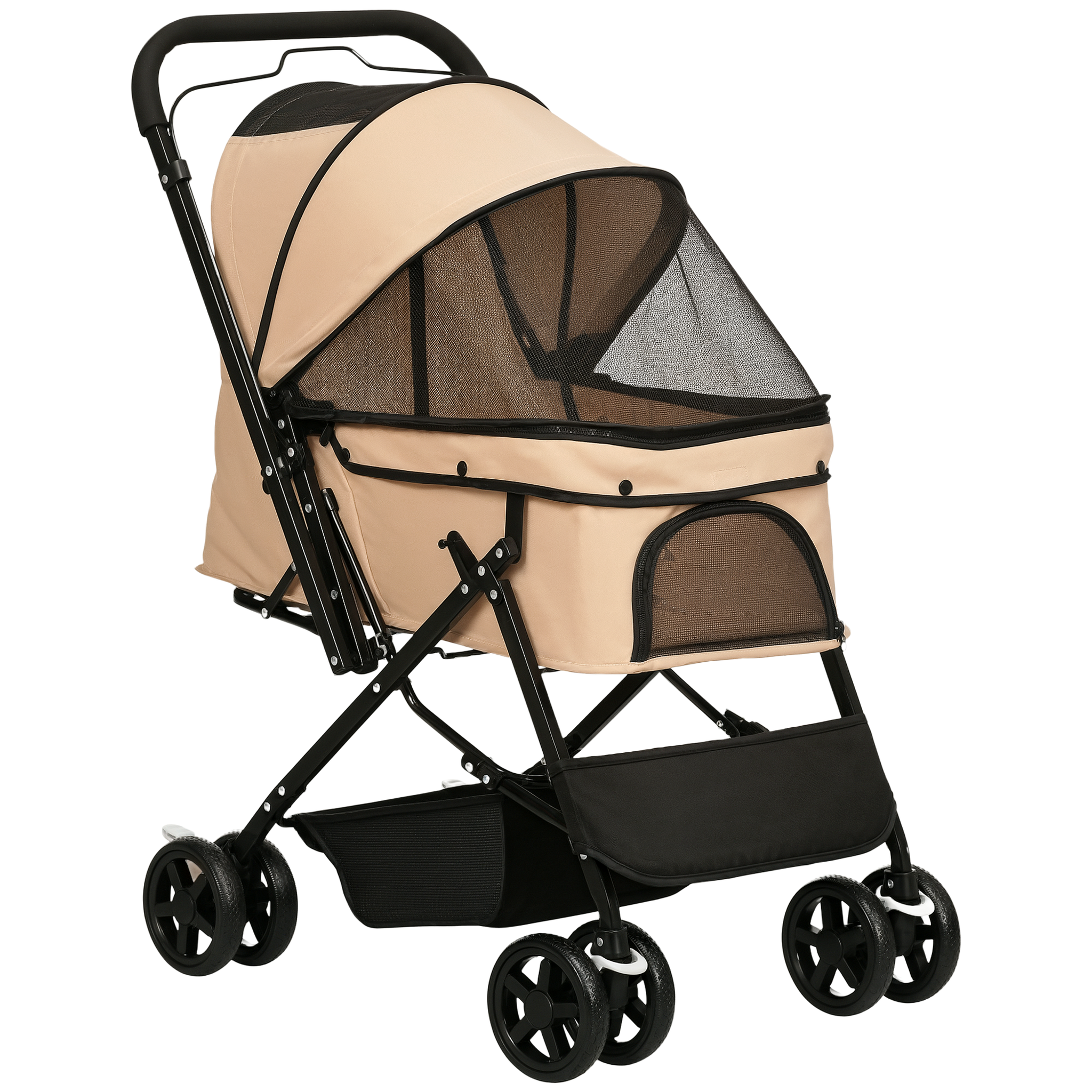 Voir la diapositive 1 : PAWHUT Poussette buggy pliable chien chat panier et sac de rangement attaches sécurité housse réglable poignée réglable acier Oxford beige