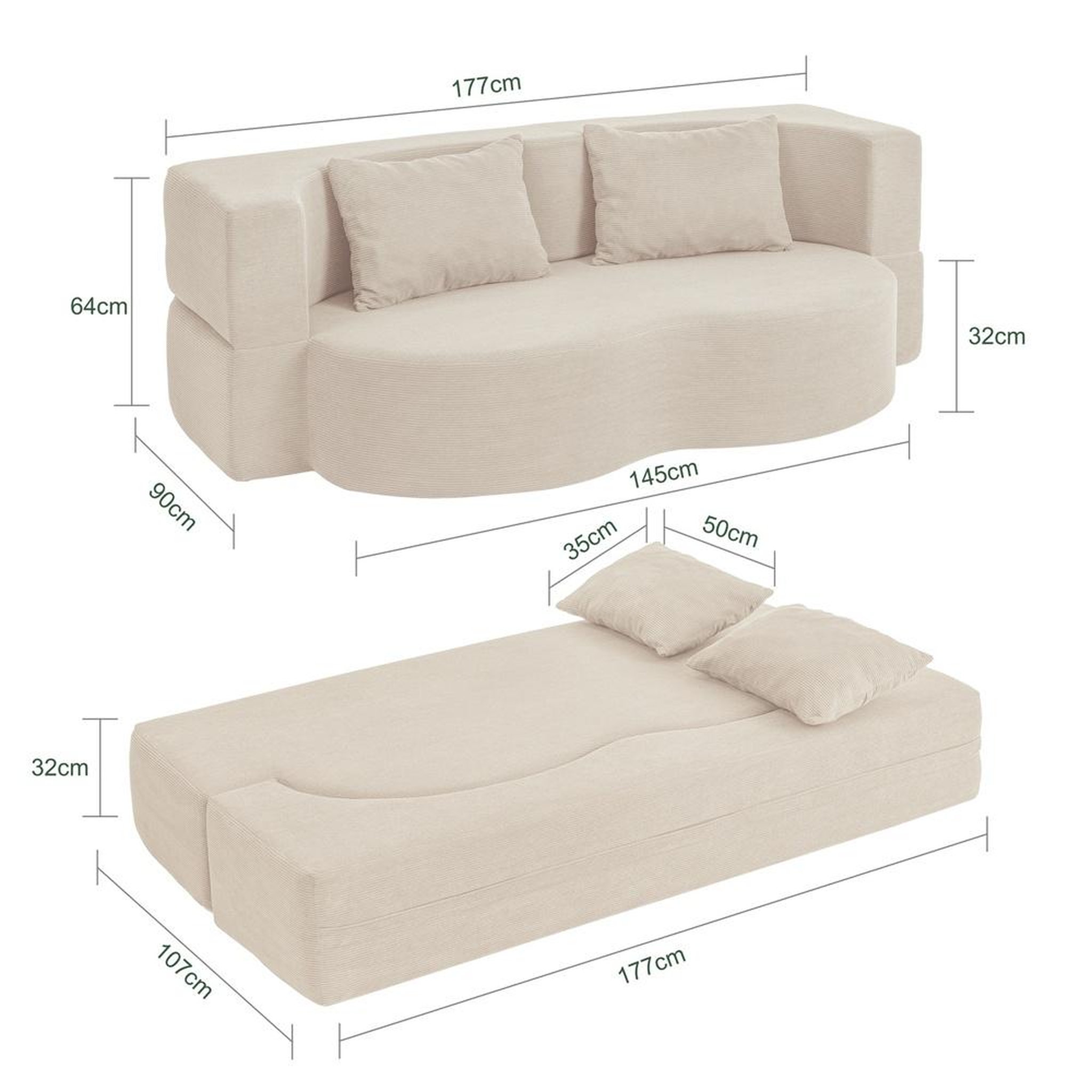 Voir la diapositive 3 : SOBUY Canapé-lit 2 places convertible en velours côtelé beige 177x107x32 cm fst101-mi