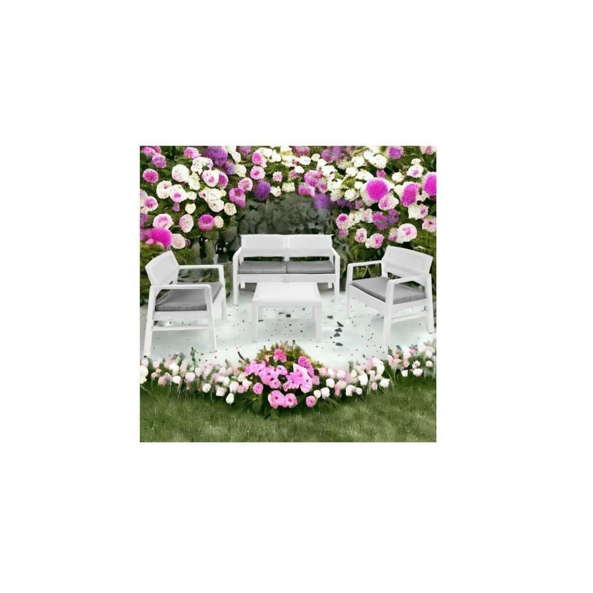 GARDEN DELUXE COLLECTION Salon de jardin 4 pièces Canapé 2 places + 2 fauteuils + Table basse Résine Blanche
