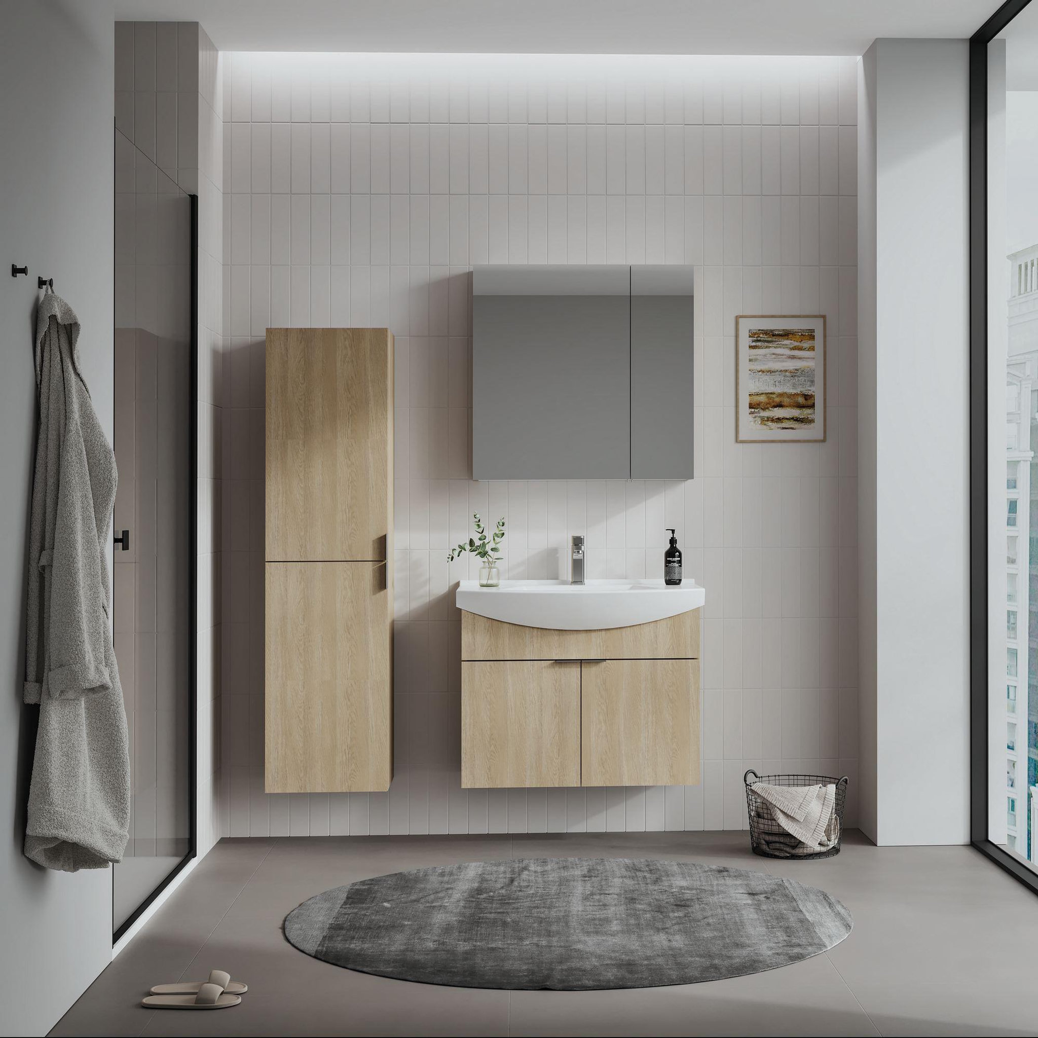 Voir la diapositive 3 : Habitat et Jardin Meuble avec simple vasque et miroir  Purus 80  - 80 x 50 x 58 cm - Oak