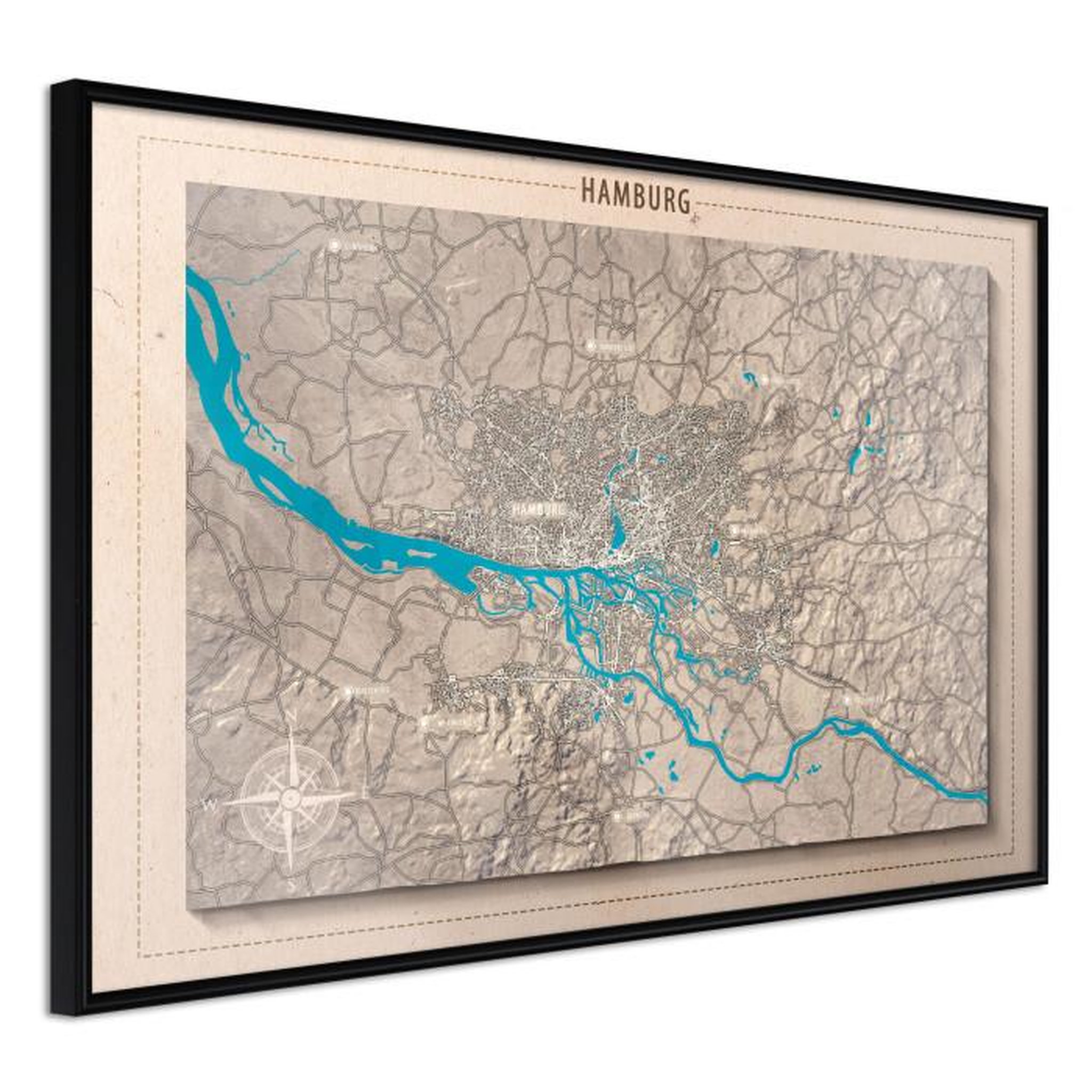 Paris Prix Affiche Murale Encadrée  Raised Relief Map Hamburg. Coloris disponibles : Noir, Jaune