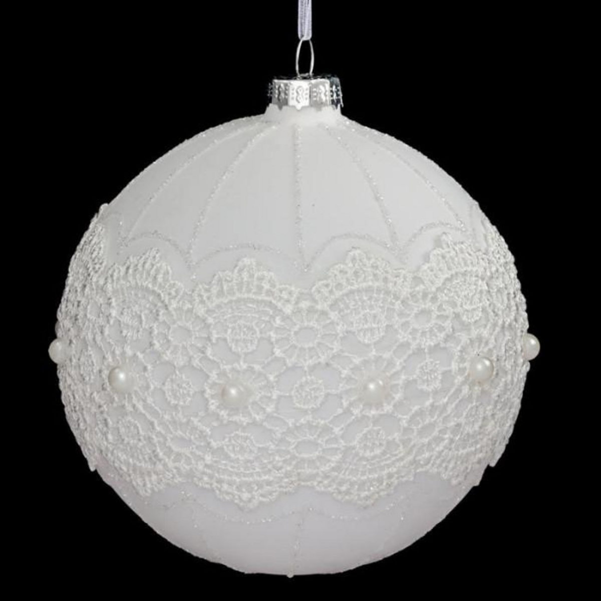 FEERIC LIGHT & CHRISTMAS Boule de Noël en Verre  Dentelle Perle  10cm Blanc