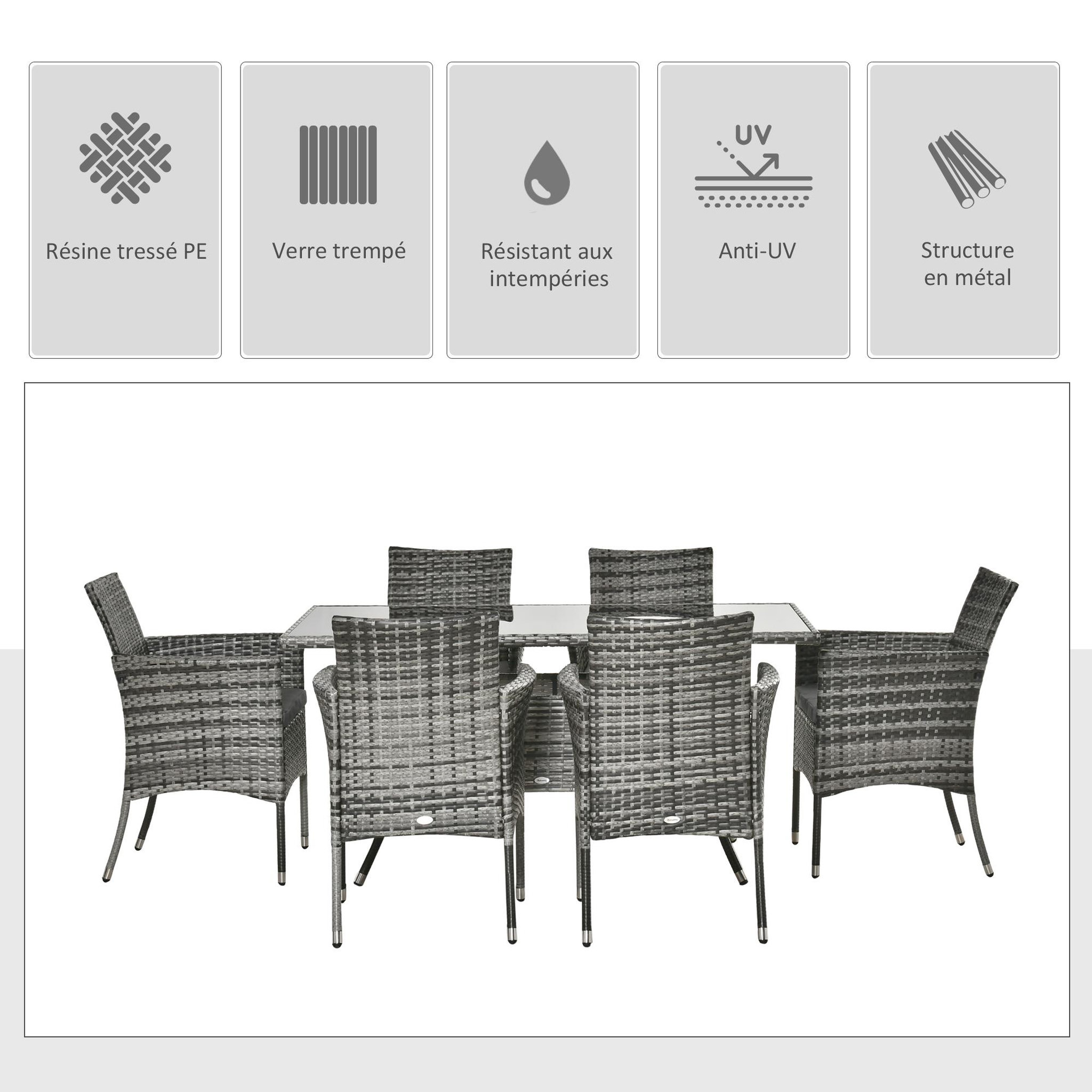 Voir la diapositive 4 : OUTSUNNY Outsunny Ensemble salon de jardin 6 personnes - grande table rectangulaire, 6 fauteuils - 6 coussins d'assise déhoussables inclus - métal époxy verre trempé 5 mm résine tressée grise