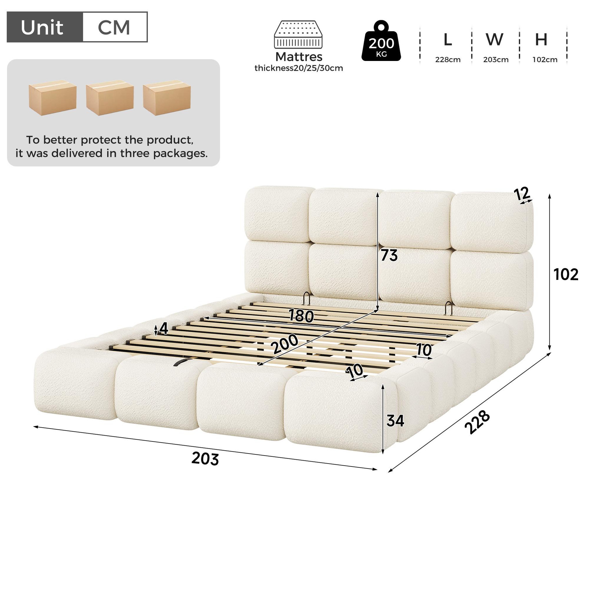 Voir la diapositive 3 : MERAX Lit coffre 180x200 cm double avec sommier tête de lit capitonnée bouclé blanc