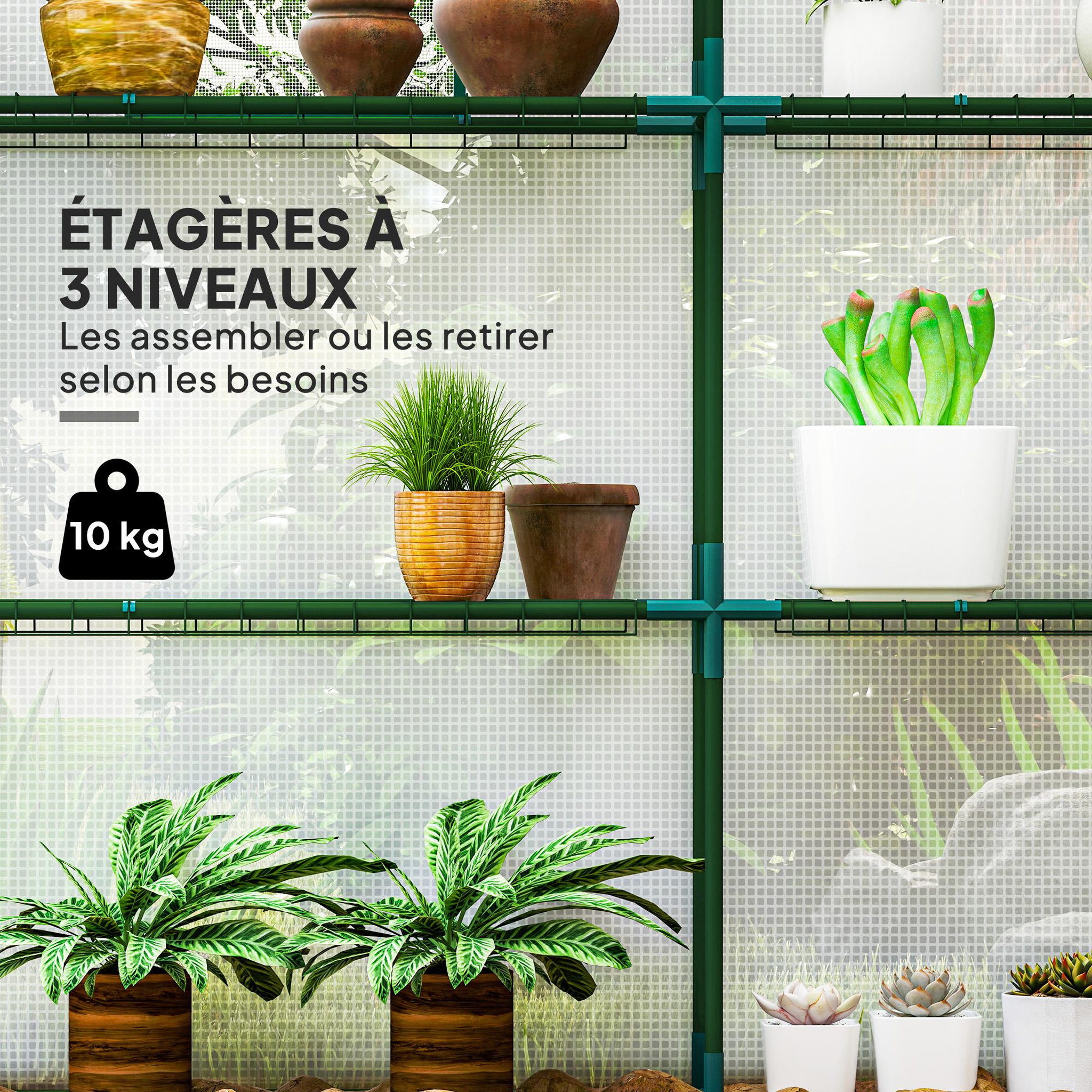 Voir la diapositive 4 : OUTSUNNY Serre de jardin 4 tablettes dim. 1,4l x 1,43l x 1,9h m porte déroulante fenêtre acier pe haute densité blanc